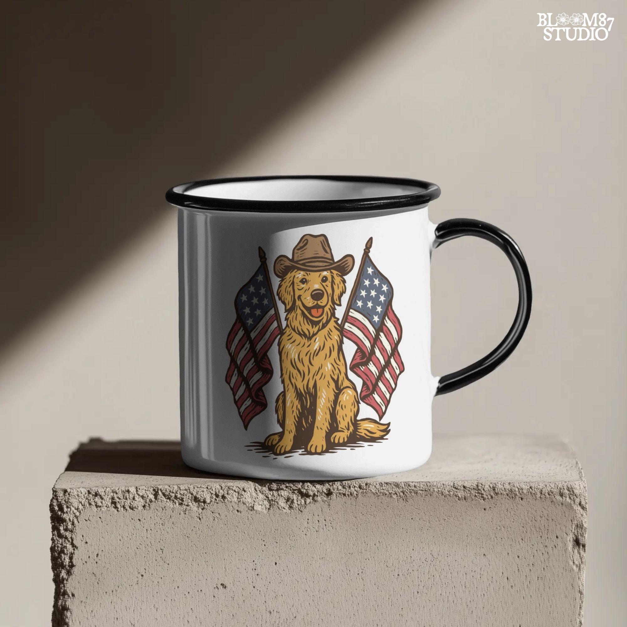 Golden retriever dog wearing cowboy hat with two American flags, patriotic PNG for 4th of July or summer celebration.