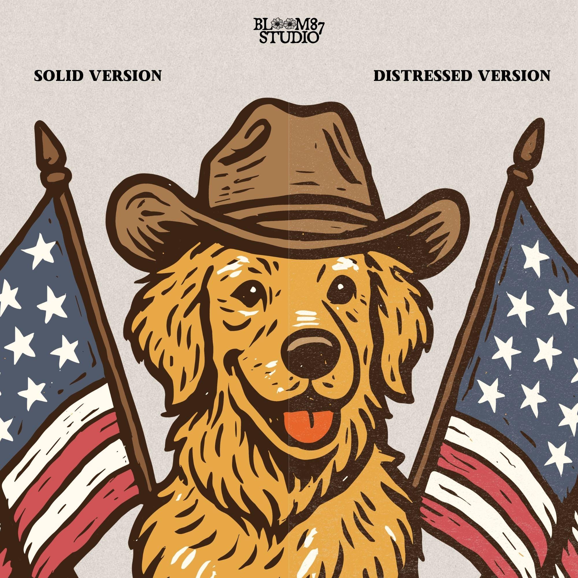 Golden retriever dog wearing cowboy hat with two American flags, patriotic PNG for 4th of July or summer celebration.