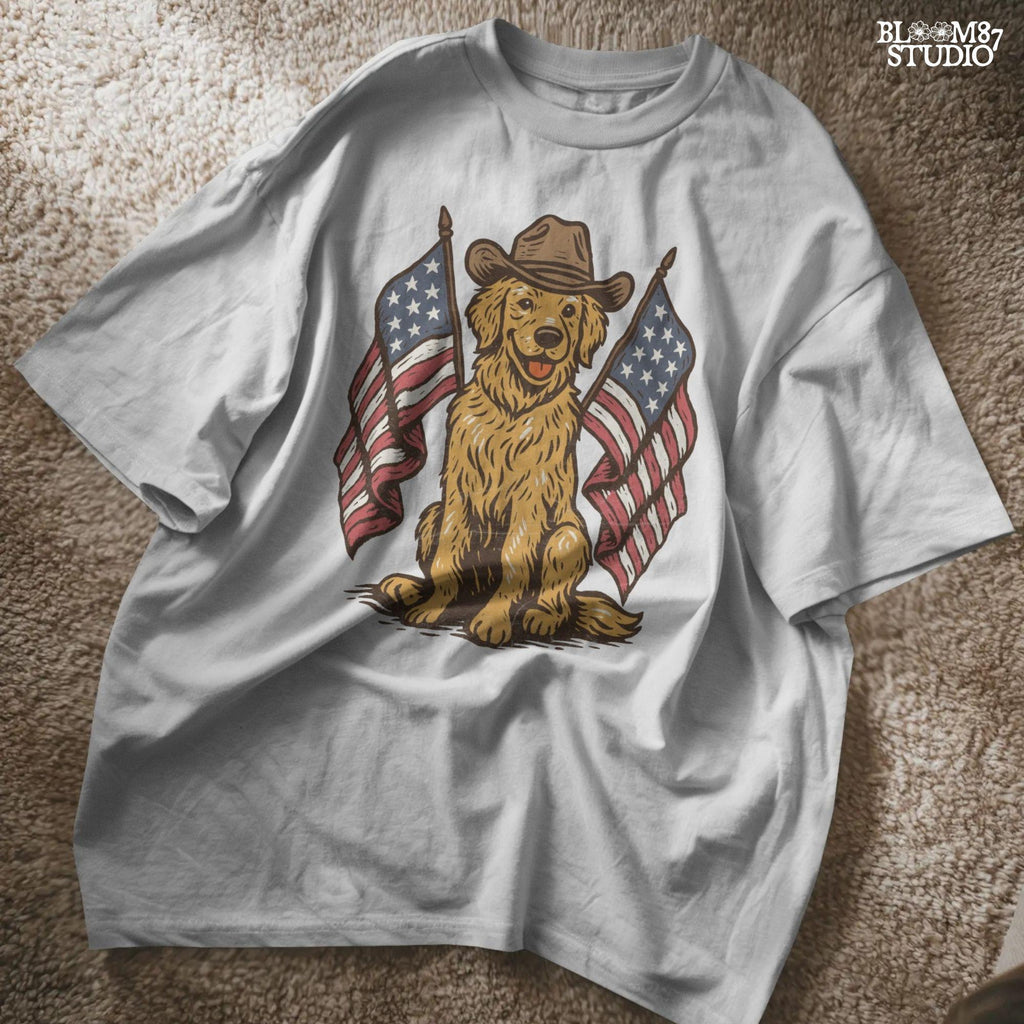 Golden retriever dog wearing cowboy hat with two American flags, patriotic PNG for 4th of July or summer celebration.