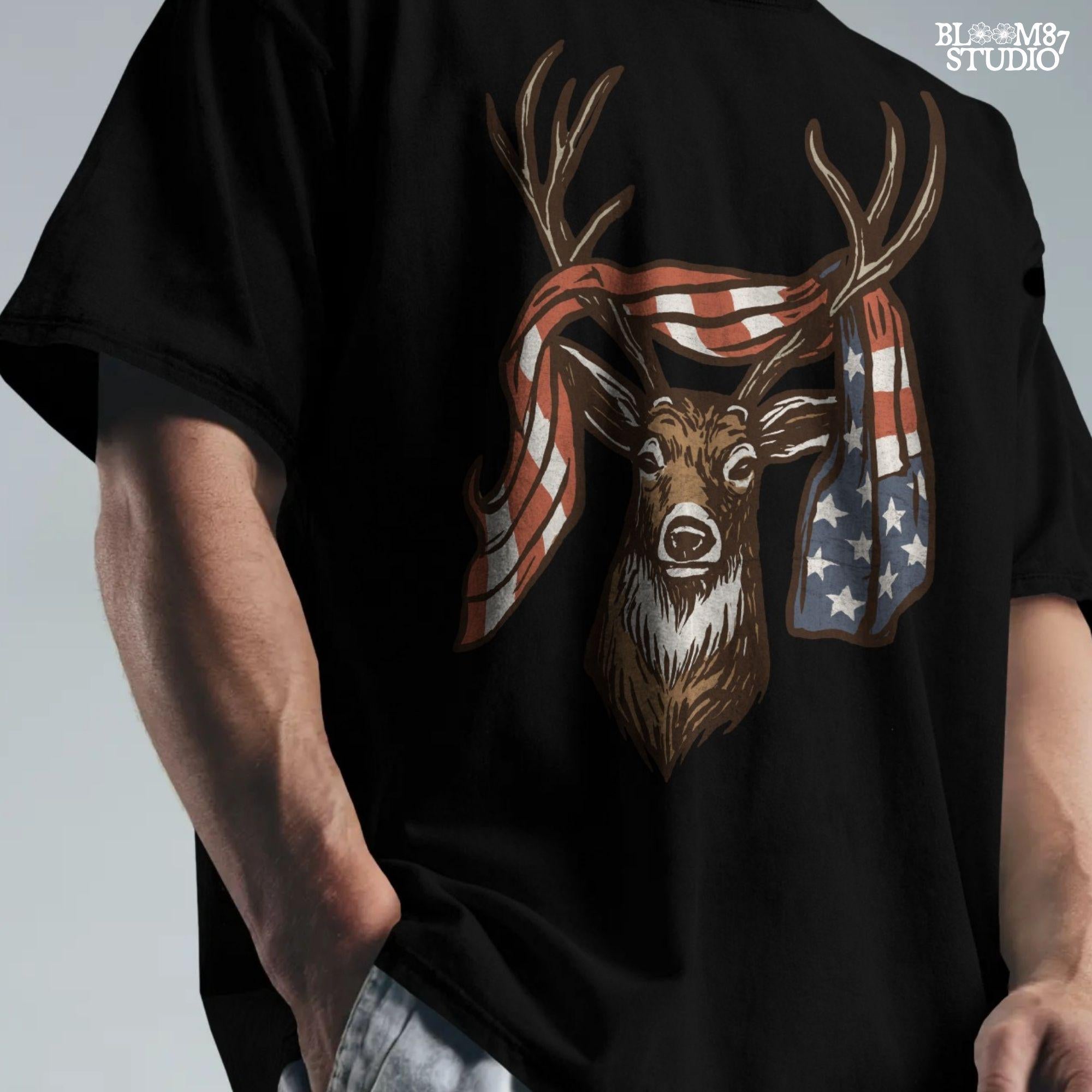 Patriotic deer with American flag wrapped around antlers, rustic 4th of July hunting PNG design for summer outdoor projects.