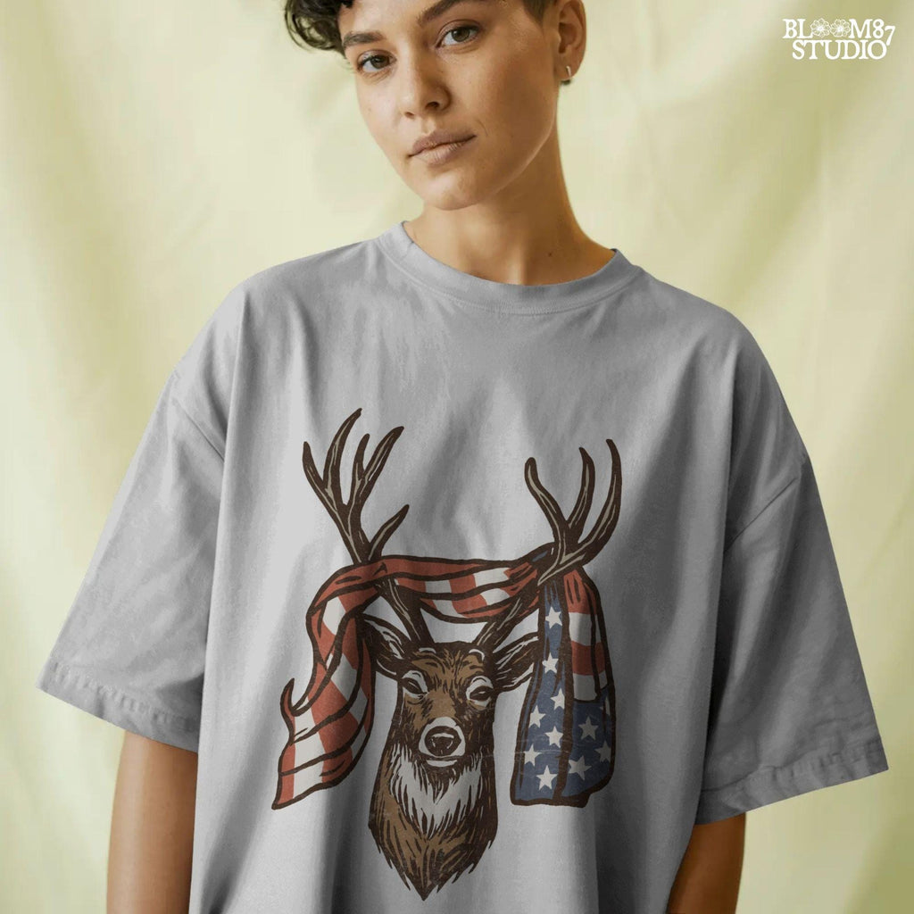 Patriotic deer with American flag wrapped around antlers, rustic 4th of July hunting PNG design for summer outdoor projects.