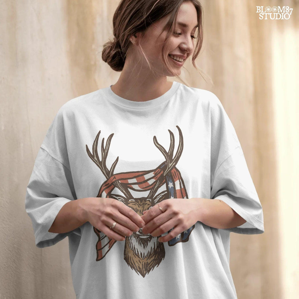 Patriotic deer with American flag wrapped around antlers, rustic 4th of July hunting PNG design for summer outdoor projects.