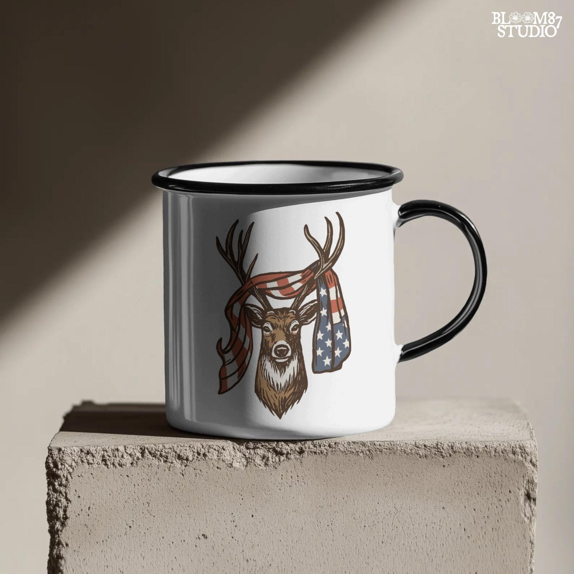 Patriotic deer with American flag wrapped around antlers, rustic 4th of July hunting PNG design for summer outdoor projects.