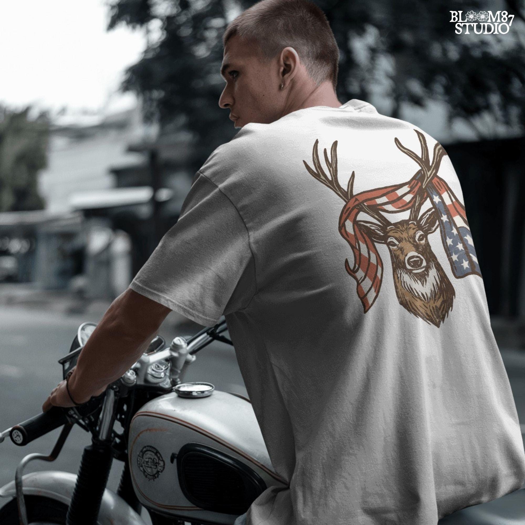 Patriotic deer with American flag wrapped around antlers, rustic 4th of July hunting PNG design for summer outdoor projects.