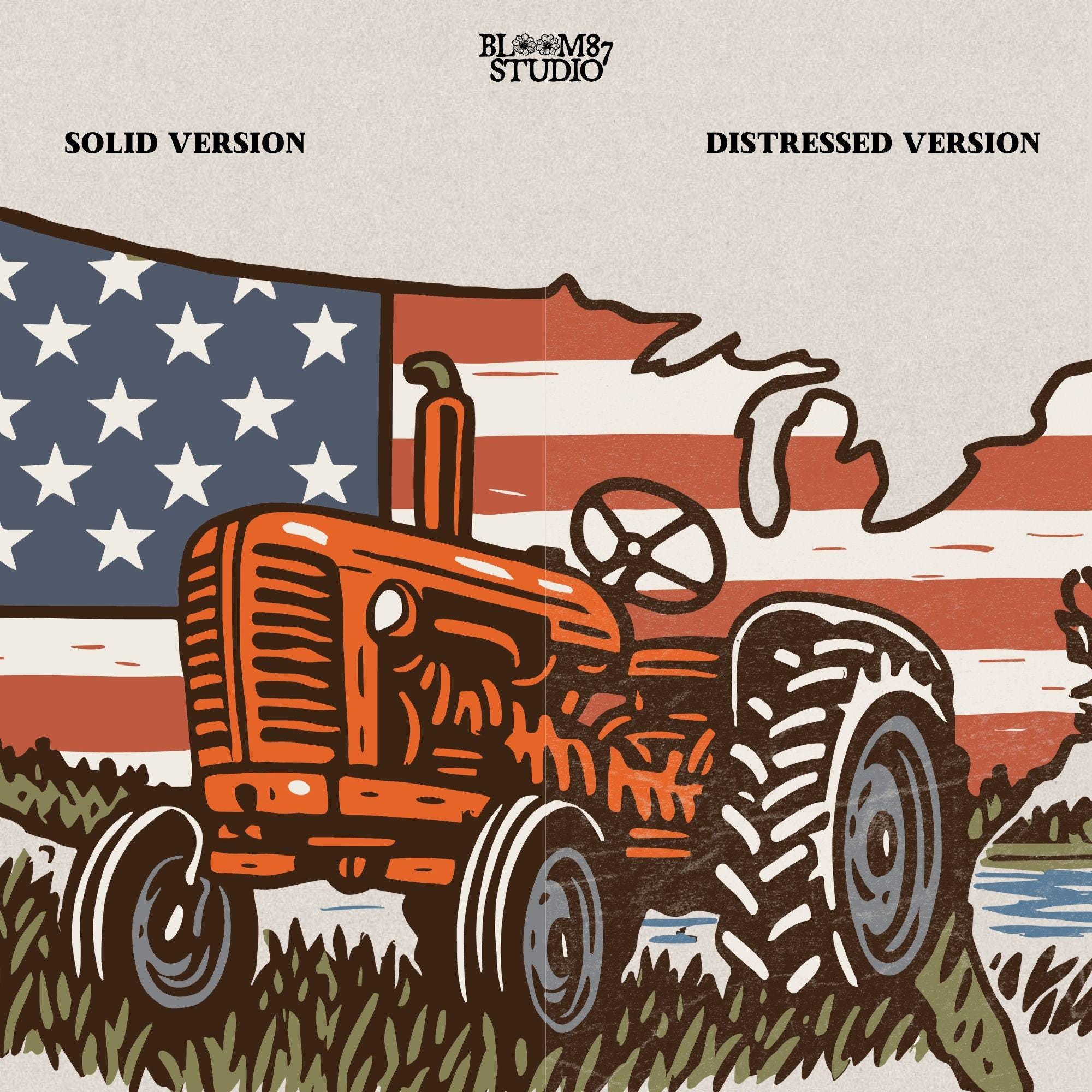 Rustic orange tractor in front of USA map with American flag overlay, vintage patriotic summer farm PNG design.