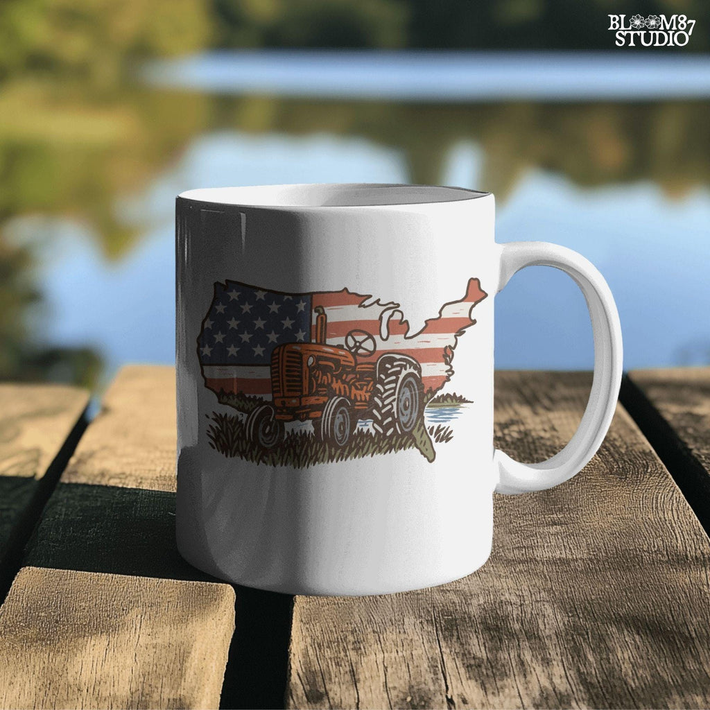 Rustic orange tractor in front of USA map with American flag overlay, vintage patriotic summer farm PNG design.