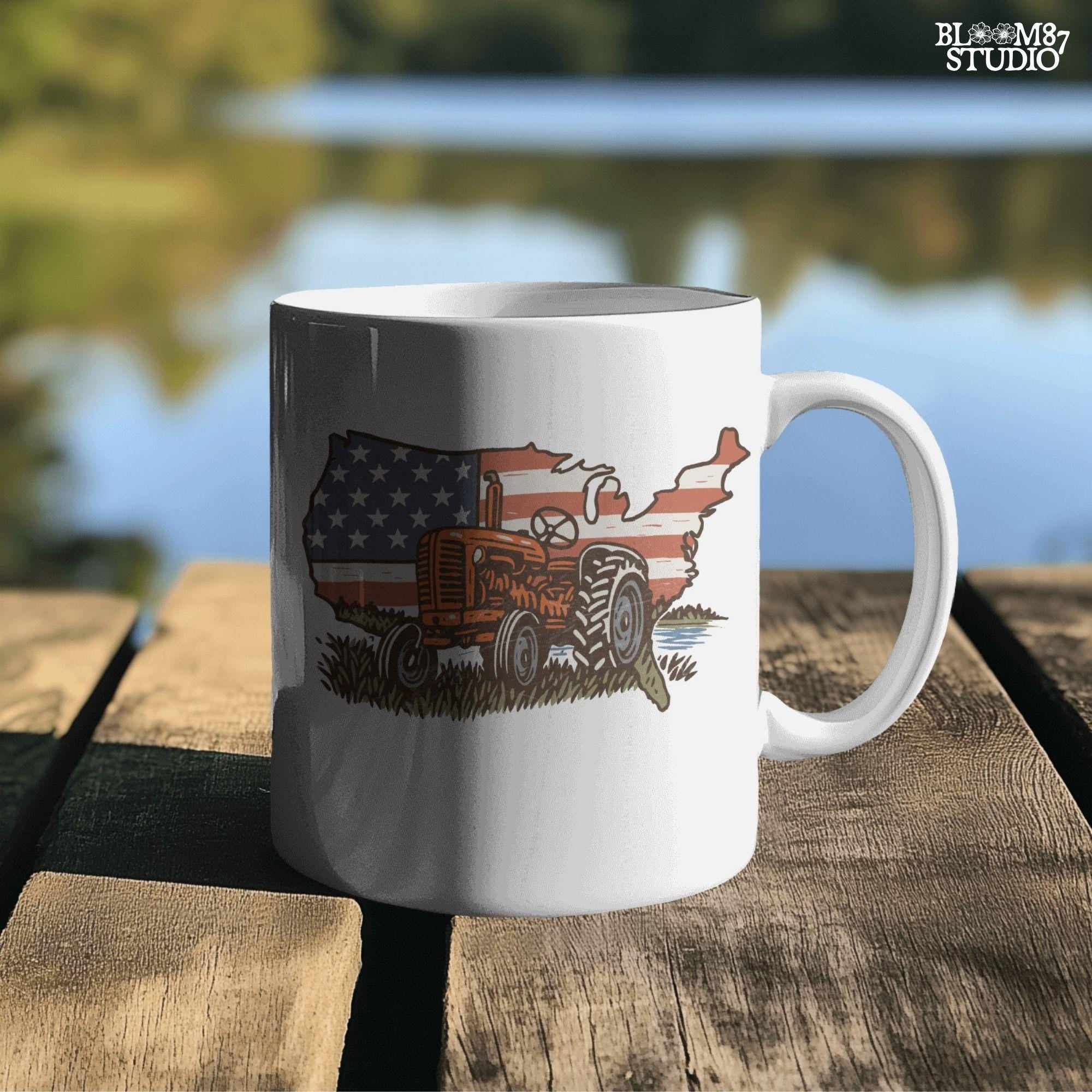 Rustic orange tractor in front of USA map with American flag overlay, vintage patriotic summer farm PNG design.