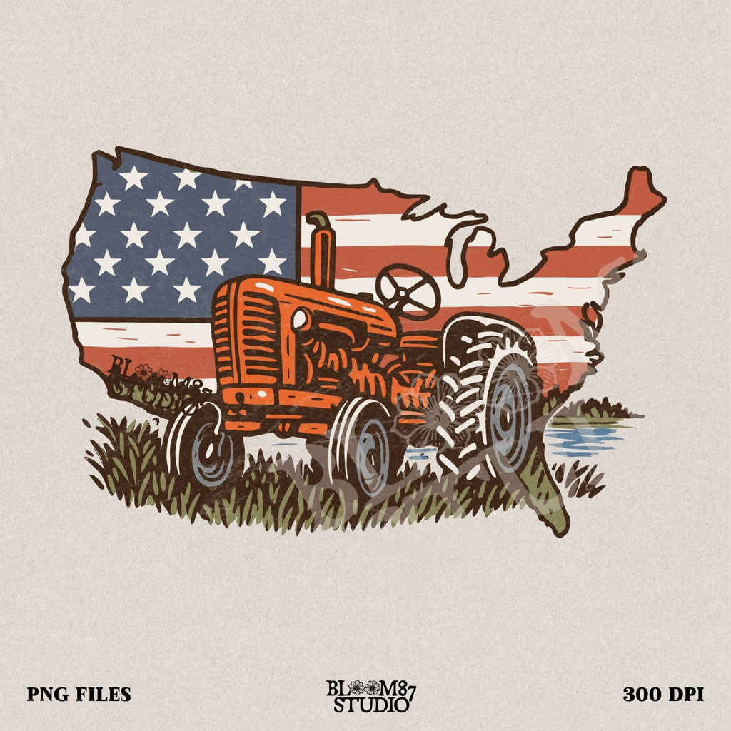 Rustic orange tractor in front of USA map with American flag overlay, vintage patriotic summer farm PNG design.