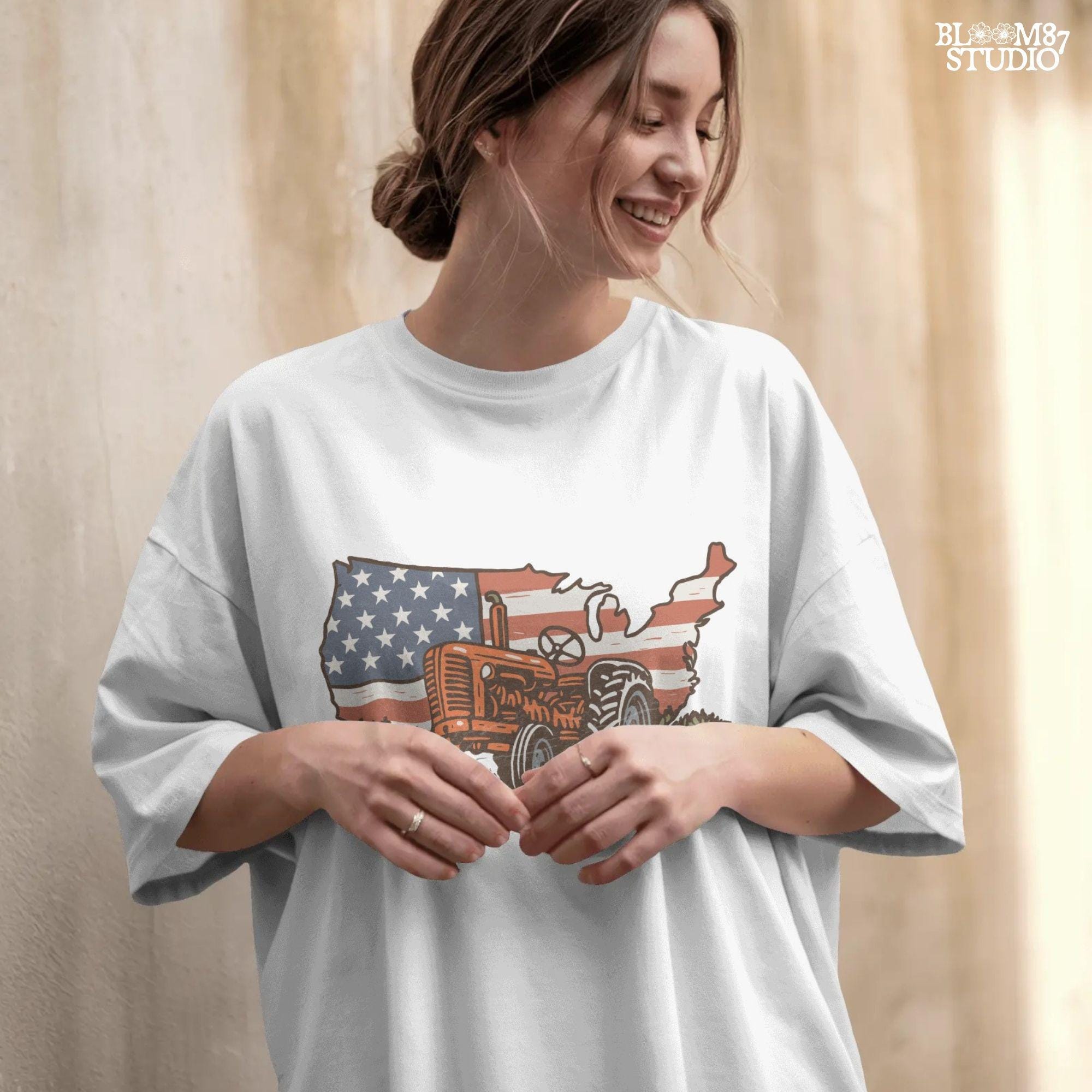 Rustic orange tractor in front of USA map with American flag overlay, vintage patriotic summer farm PNG design.