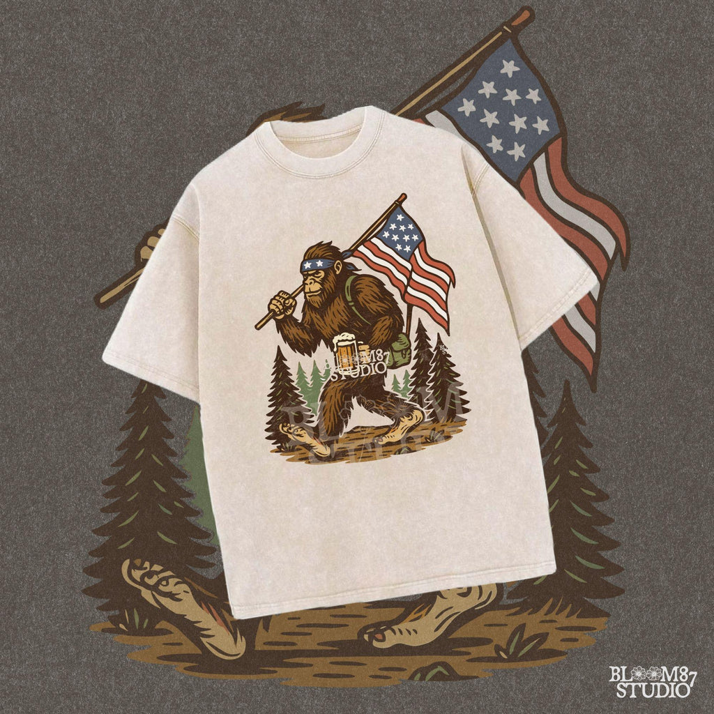 Patriotic bigfoot carrying American flag and beer mug in forest, funny summer USA PNG design.
