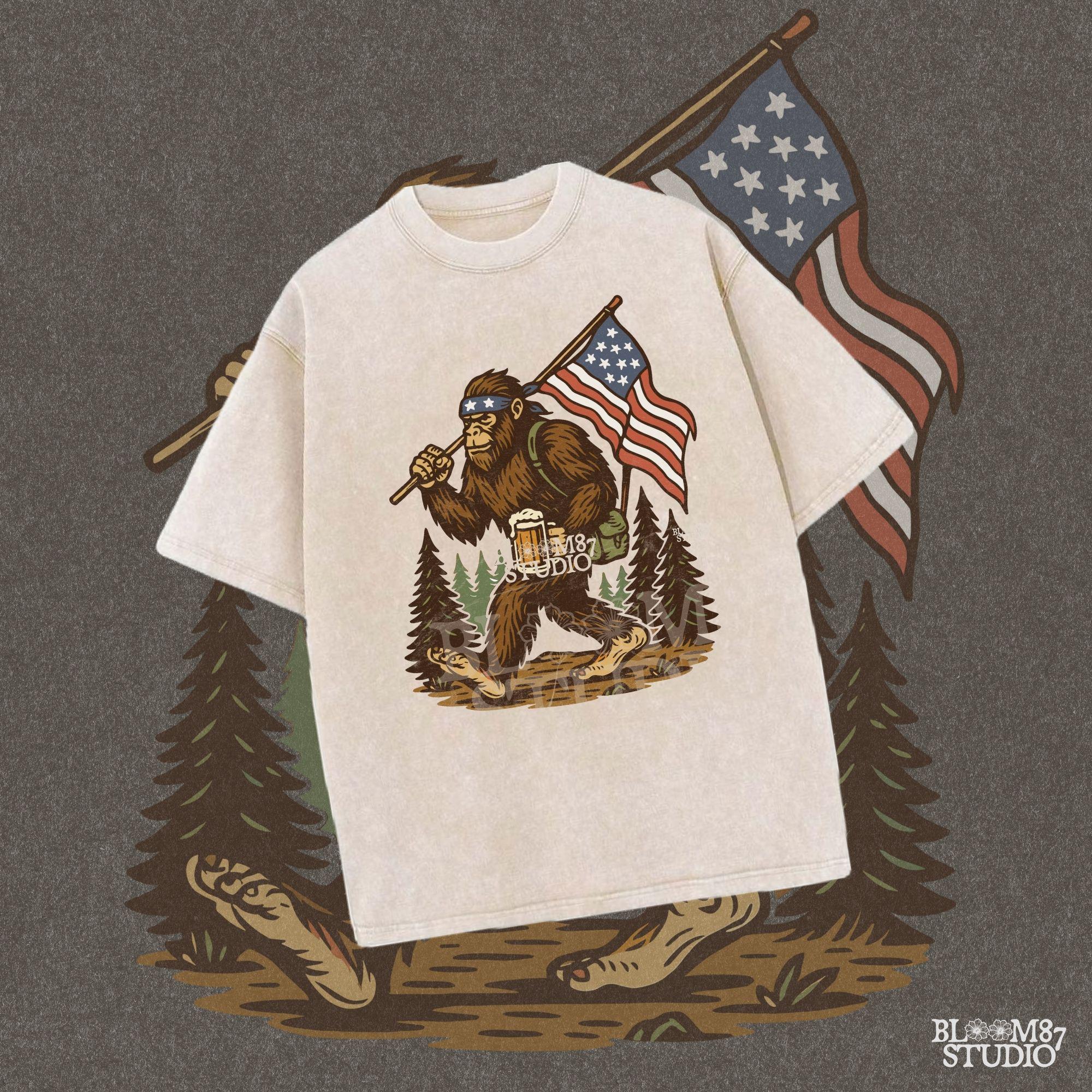 Patriotic bigfoot carrying American flag and beer mug in forest, funny summer USA PNG design.