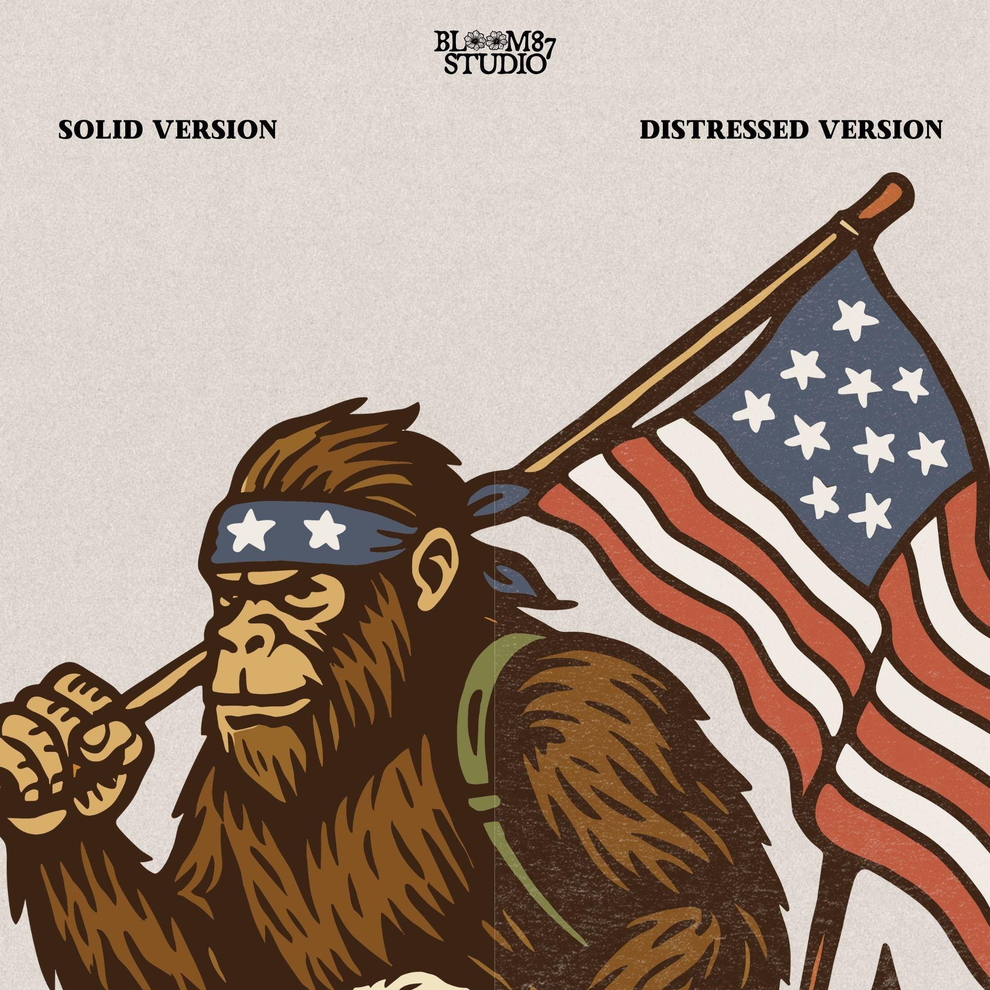 Patriotic bigfoot carrying American flag and beer mug in forest, funny summer USA PNG design.