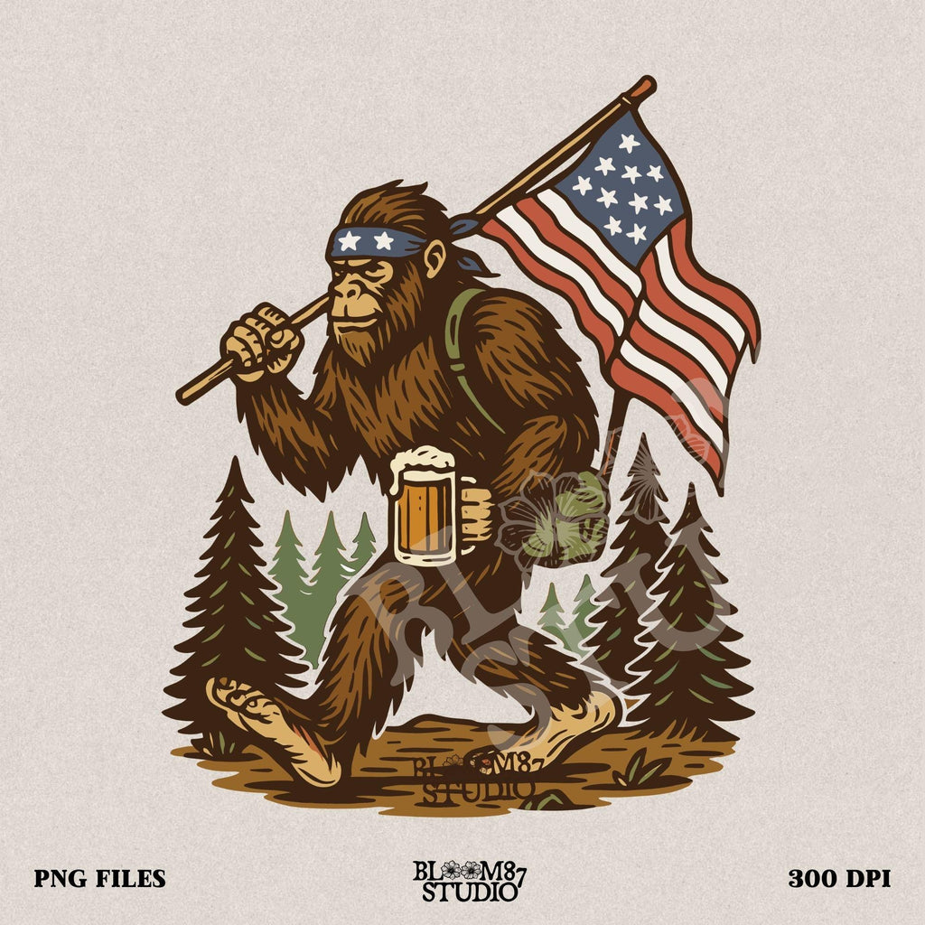 Patriotic bigfoot carrying American flag and beer mug in forest, funny summer USA PNG design.