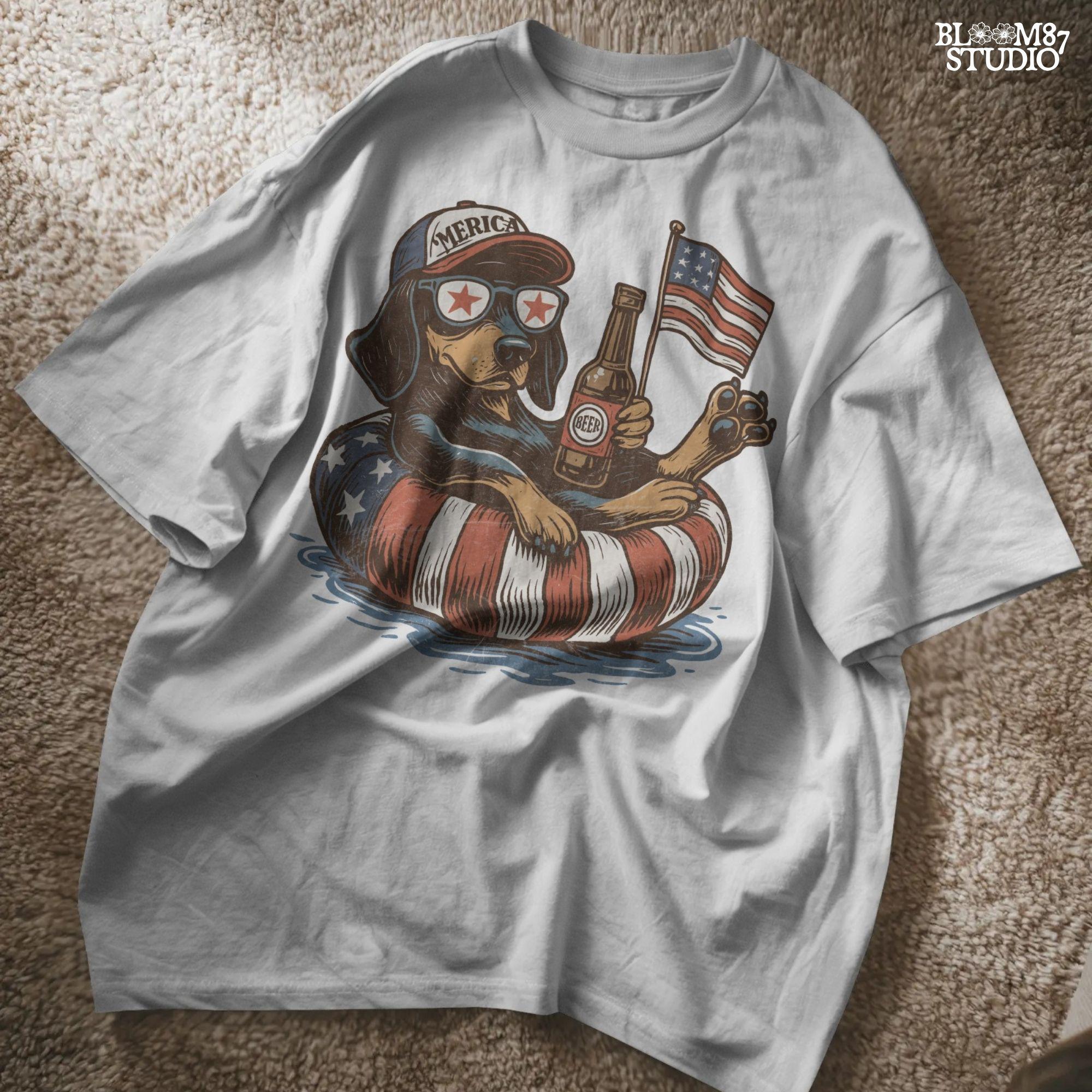 Funny patriotic dachshund dog floating in pool with American flag inner tube, wearing USA sunglasses and holding beer bottle.