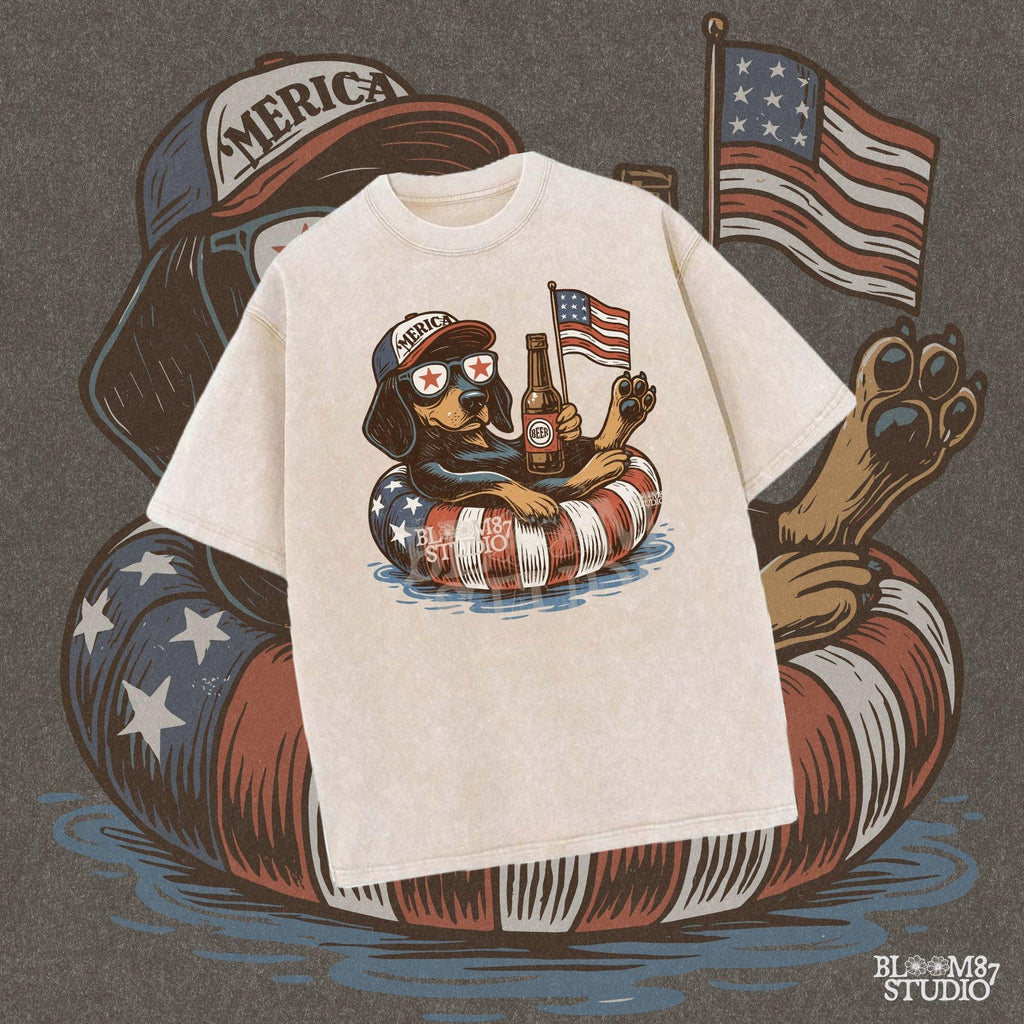 Funny patriotic dachshund dog floating in pool with American flag inner tube, wearing USA sunglasses and holding beer bottle.