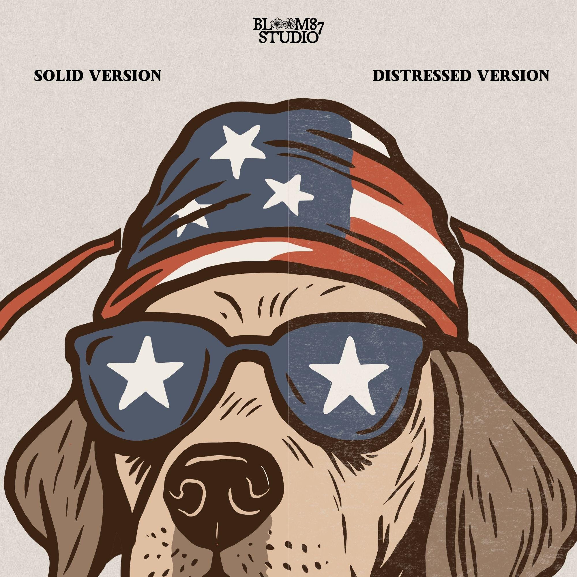 Cool dog wearing American flag bandana and sunglasses with stars, patriotic summer 4th of July design