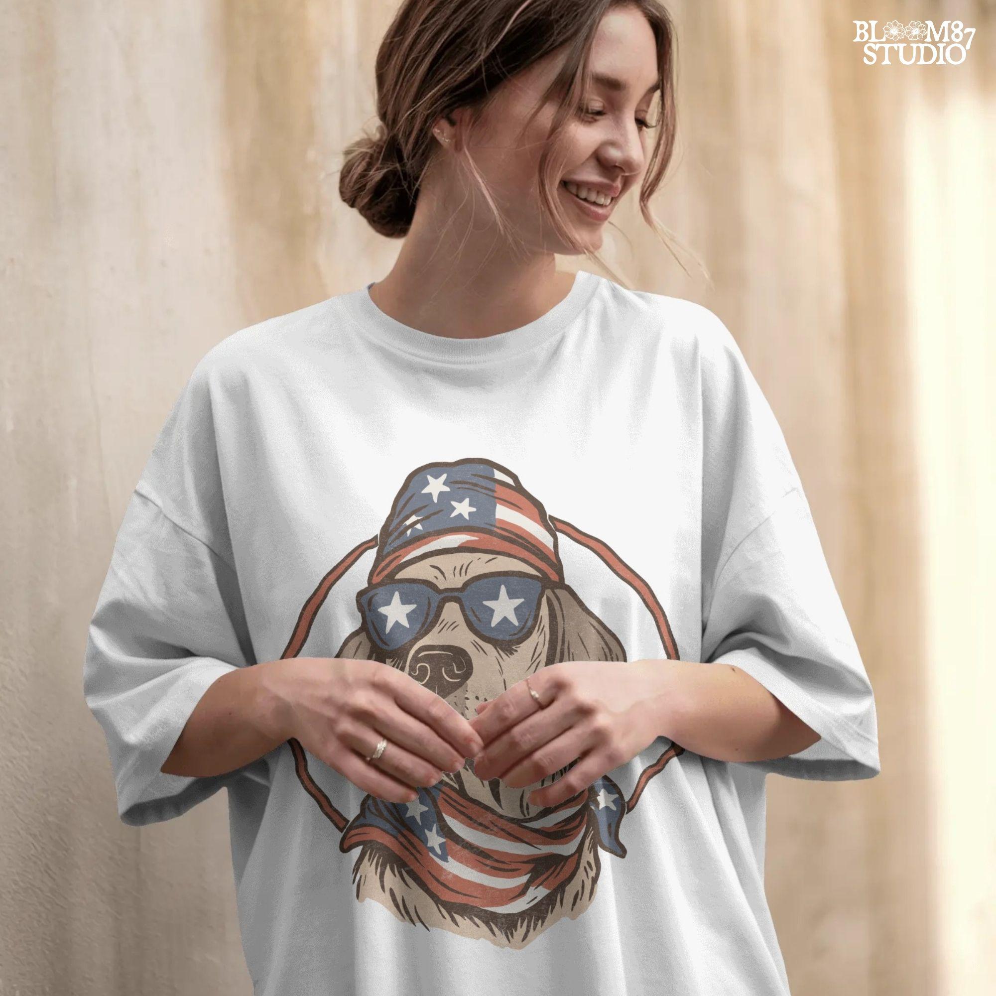 Cool dog wearing American flag bandana and sunglasses with stars, patriotic summer 4th of July design