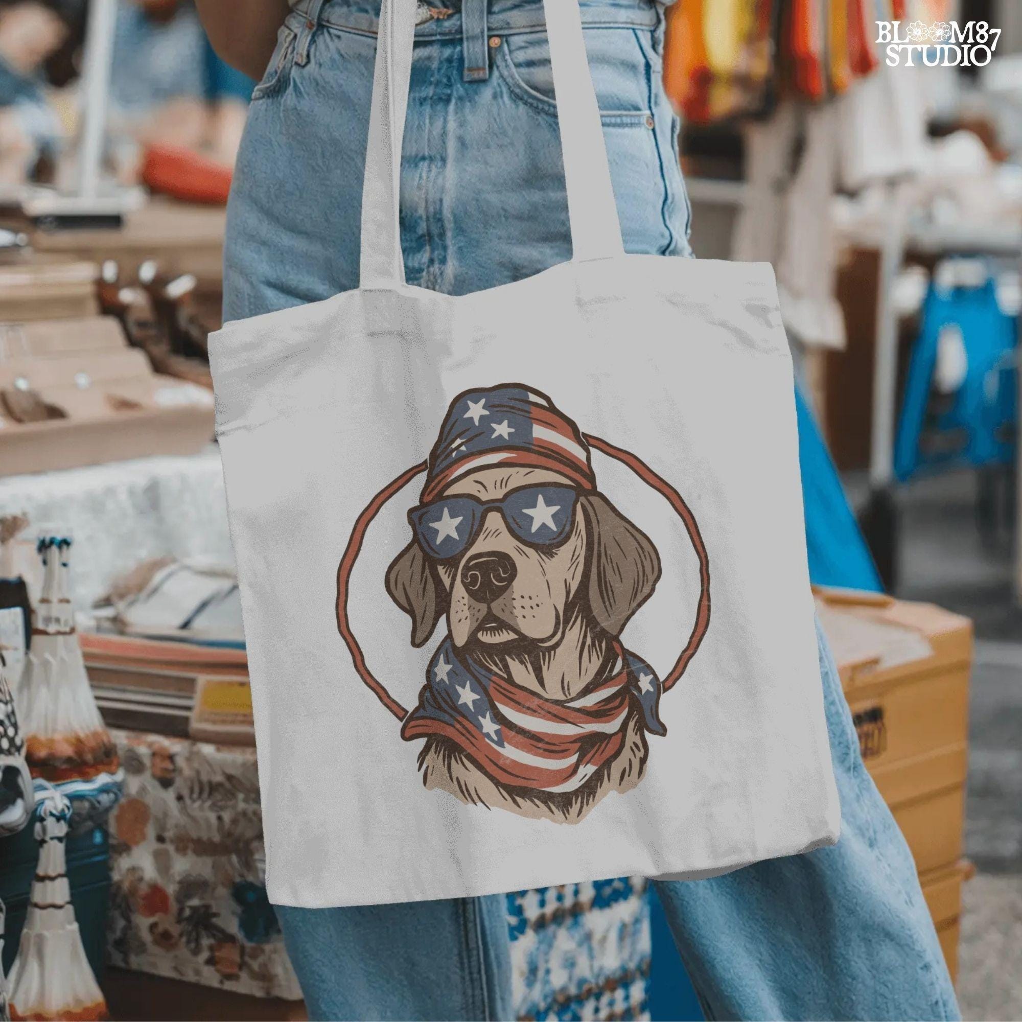 Cool dog wearing American flag bandana and sunglasses with stars, patriotic summer 4th of July design