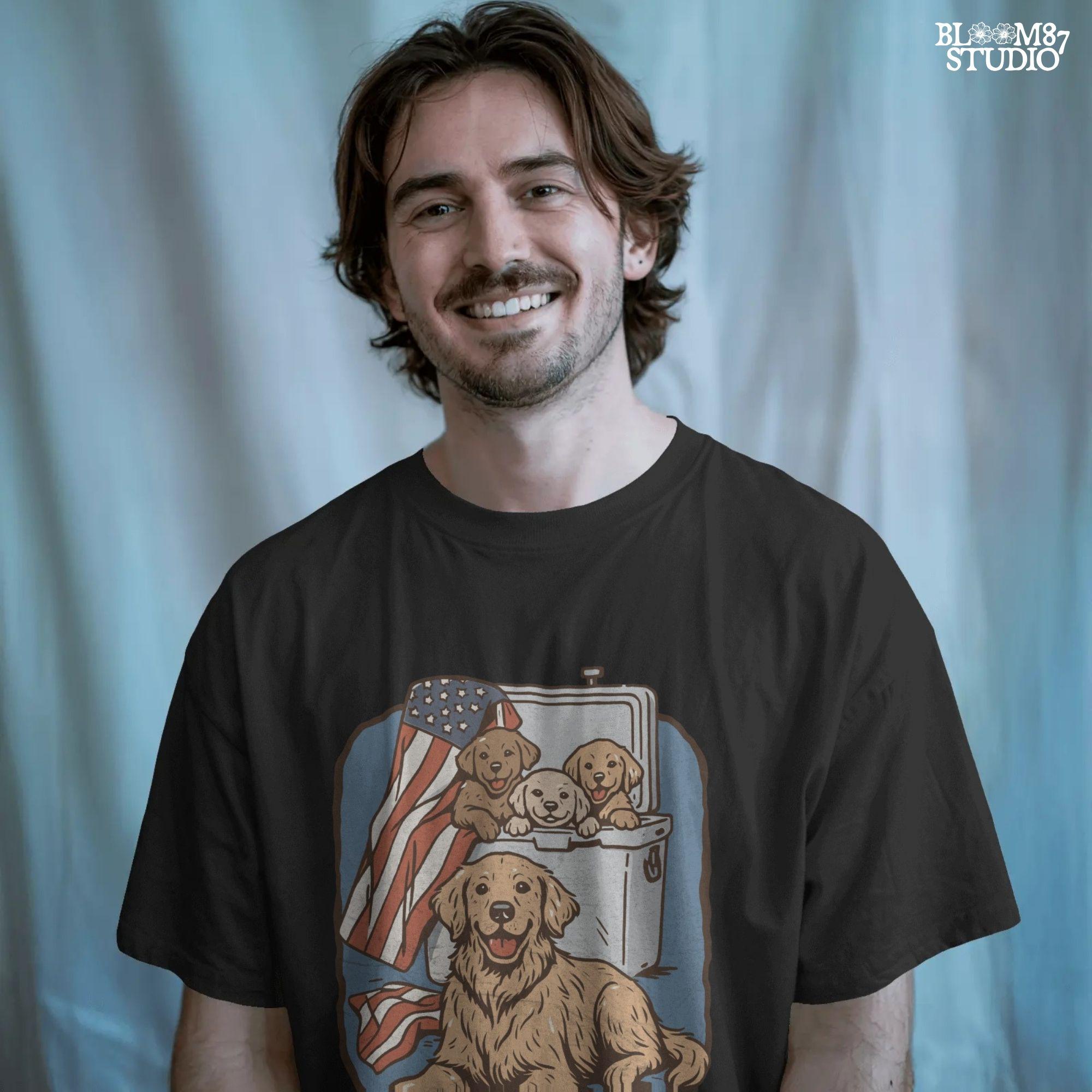 Golden retriever family in a cooler with American flag, cute patriotic summer dog design for 4th of July or outdoor lovers