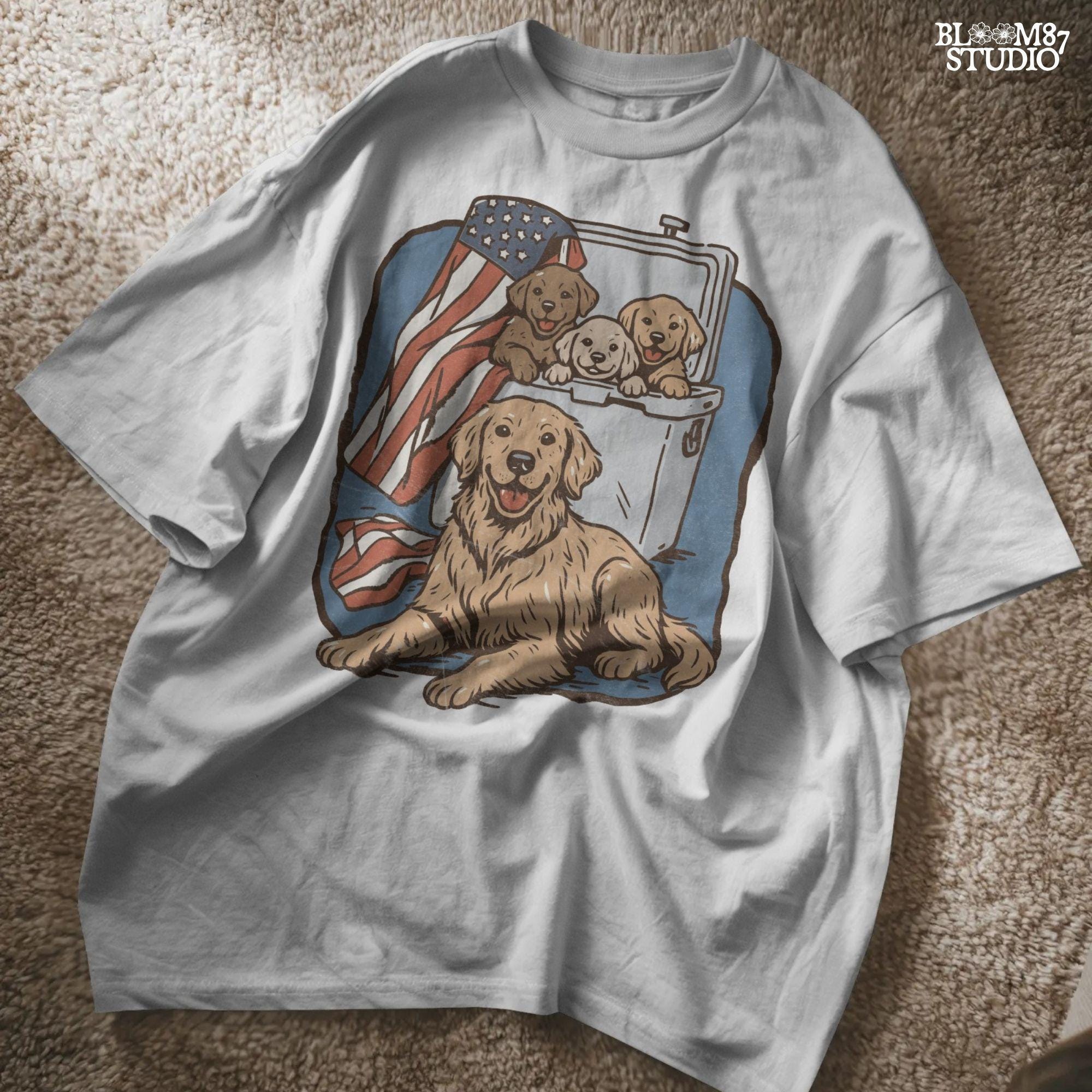 Golden retriever family in a cooler with American flag, cute patriotic summer dog design for 4th of July or outdoor lovers