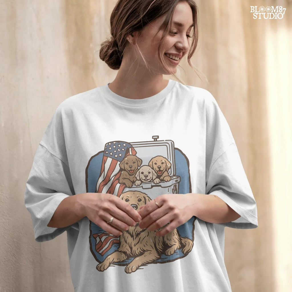 Golden retriever family in a cooler with American flag, cute patriotic summer dog design for 4th of July or outdoor lovers