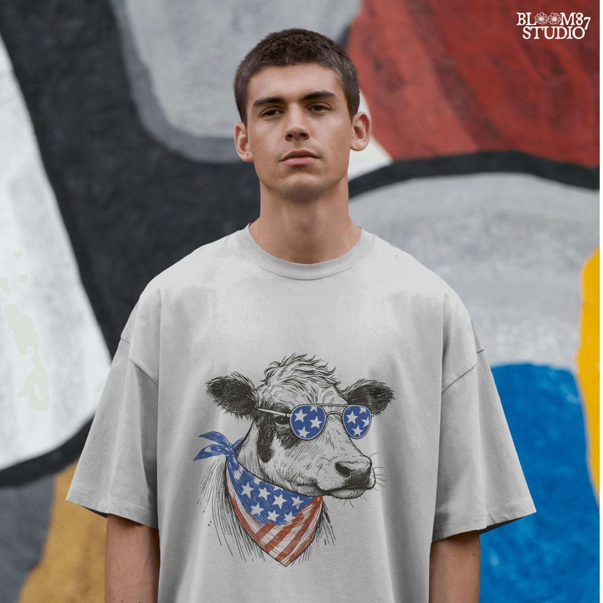 Patriotic Cow PNG, 4th of July Cow Sublimation, American Flag Bandana Design, Farm Shirt PNG, Country Western USA,American Vintage Cow Print