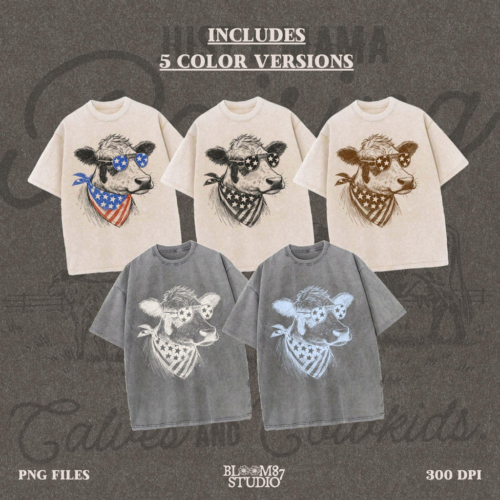 Patriotic Cow PNG, 4th of July Cow Sublimation, American Flag Bandana Design, Farm Shirt PNG, Country Western USA,American Vintage Cow Print