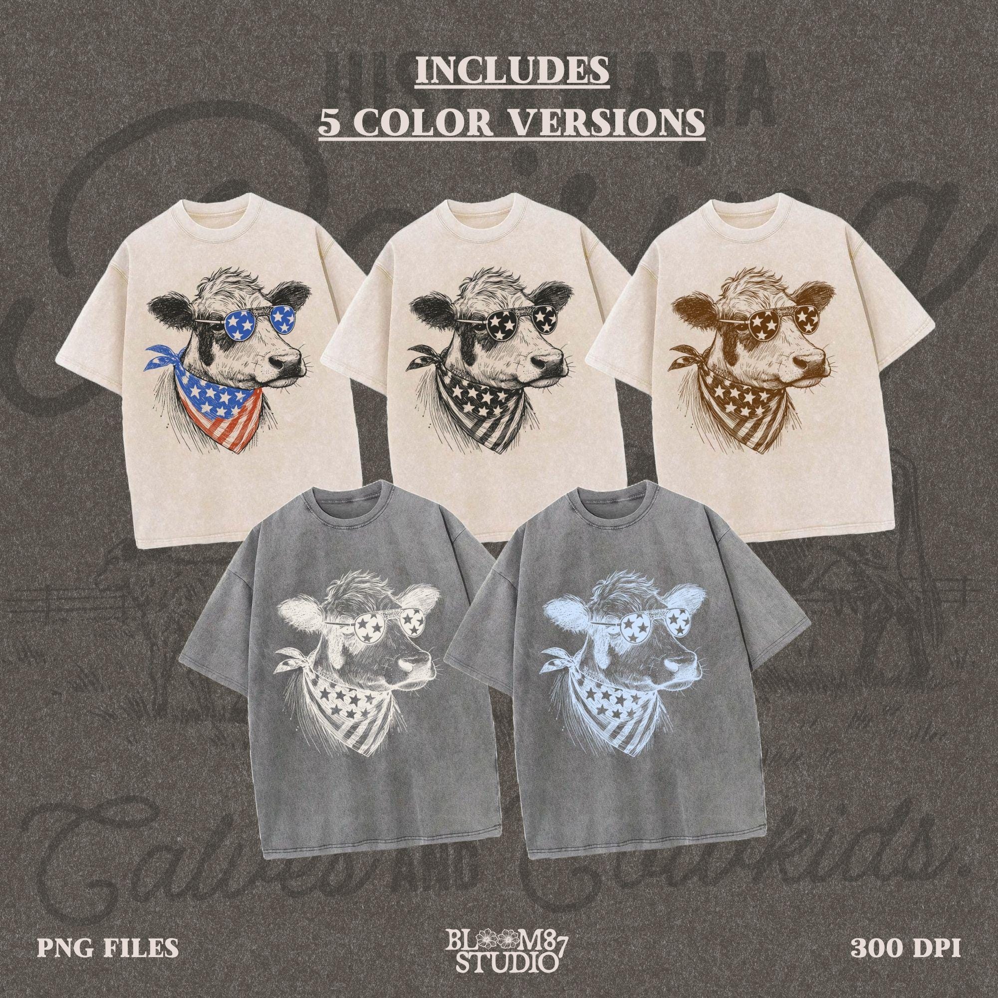 Patriotic Cow PNG, 4th of July Cow Sublimation, American Flag Bandana Design, Farm Shirt PNG, Country Western USA,American Vintage Cow Print