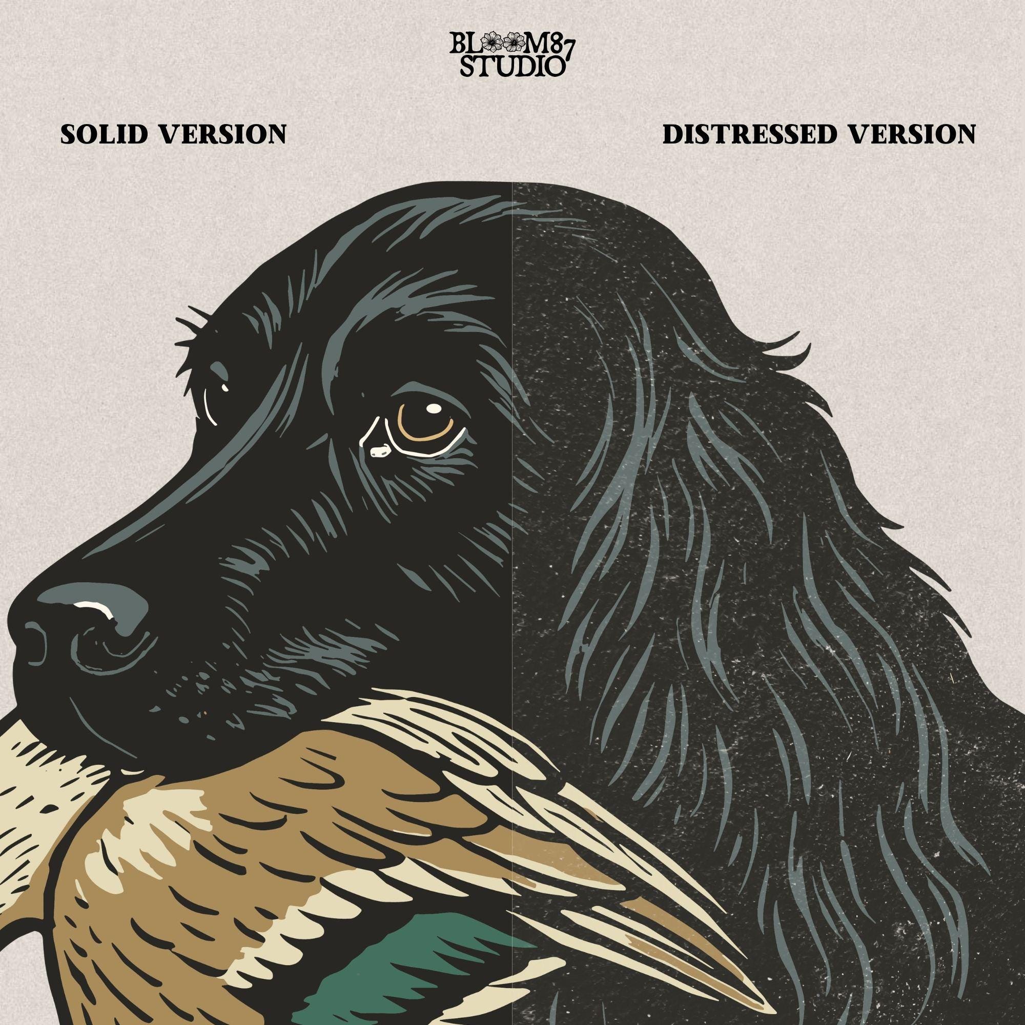 Hunting dog with duck in mouth, black retriever hunting illustration for outdoorsmen and fall hunting season designs