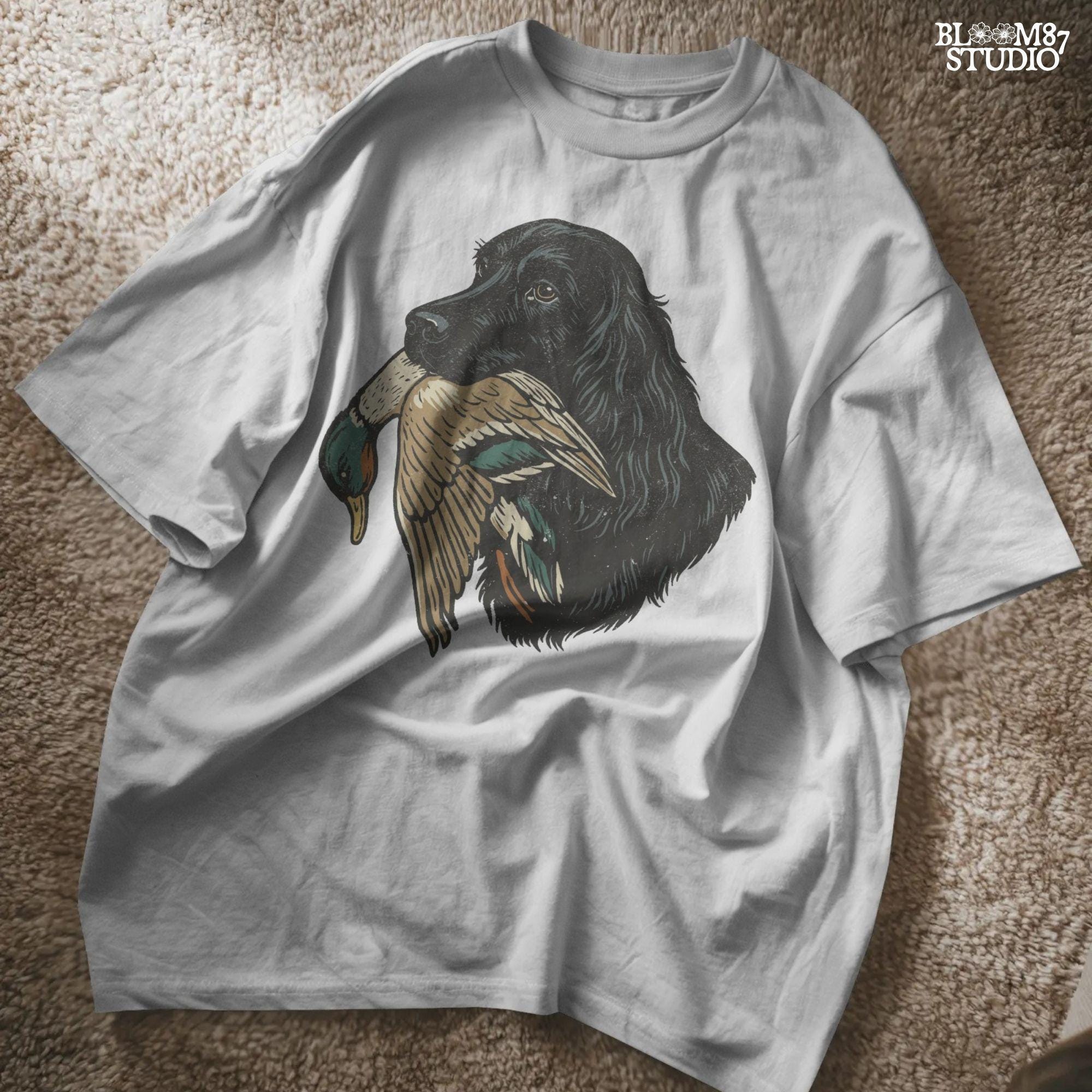 Hunting dog with duck in mouth, black retriever hunting illustration for outdoorsmen and fall hunting season designs