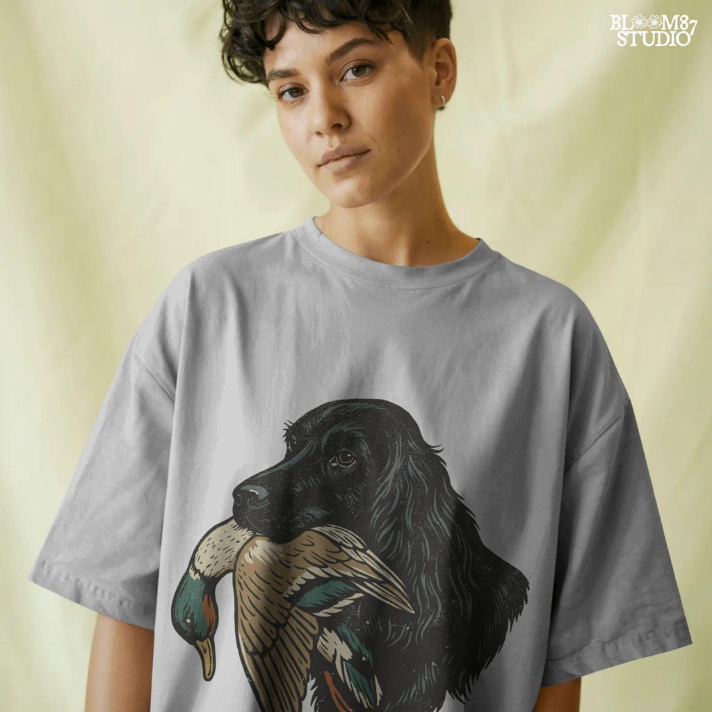 Hunting dog with duck in mouth, black retriever hunting illustration for outdoorsmen and fall hunting season designs