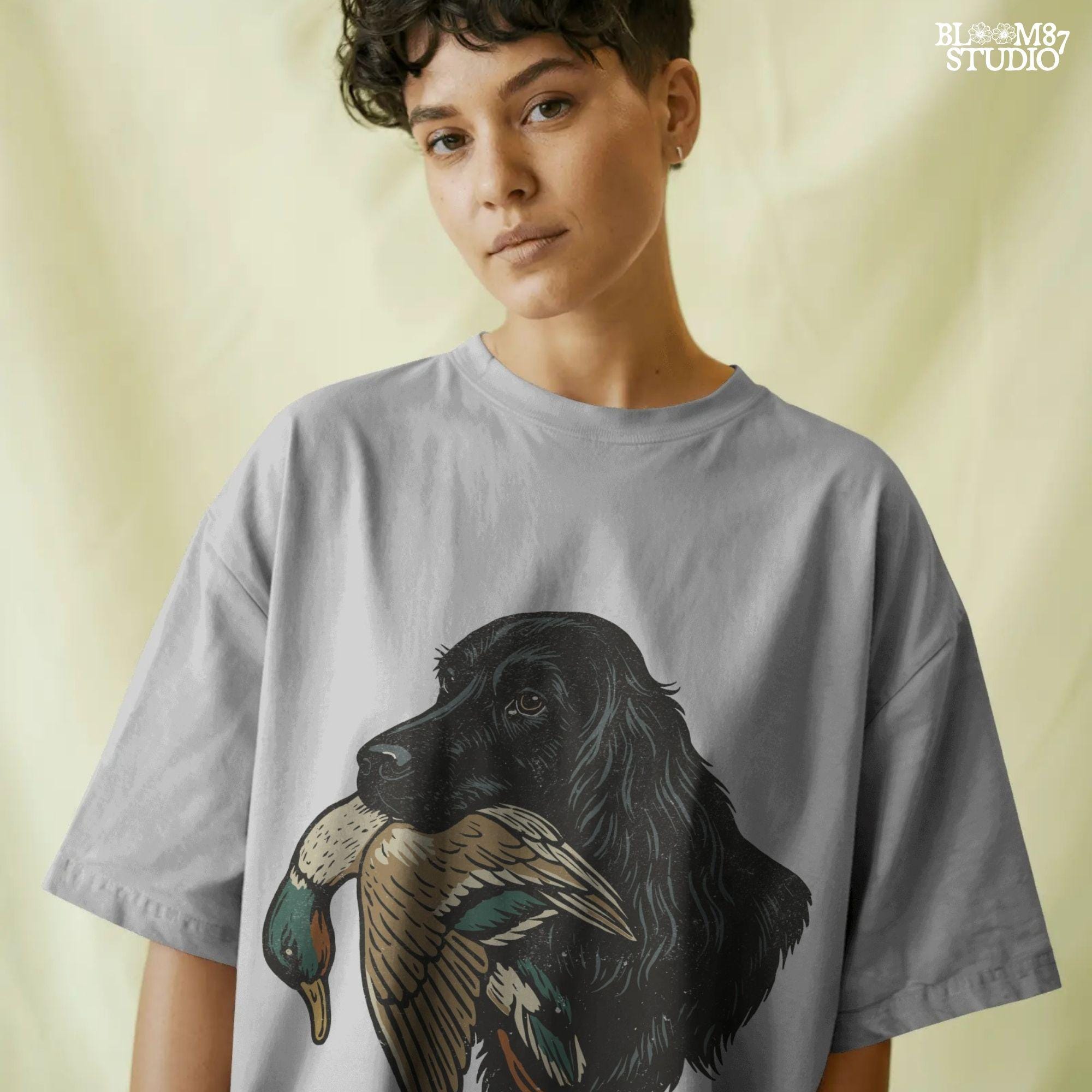 Hunting dog with duck in mouth, black retriever hunting illustration for outdoorsmen and fall hunting season designs