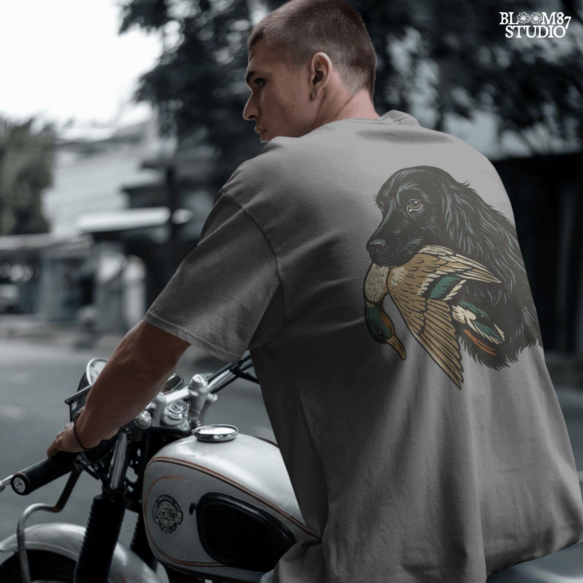 Hunting dog with duck in mouth, black retriever hunting illustration for outdoorsmen and fall hunting season designs