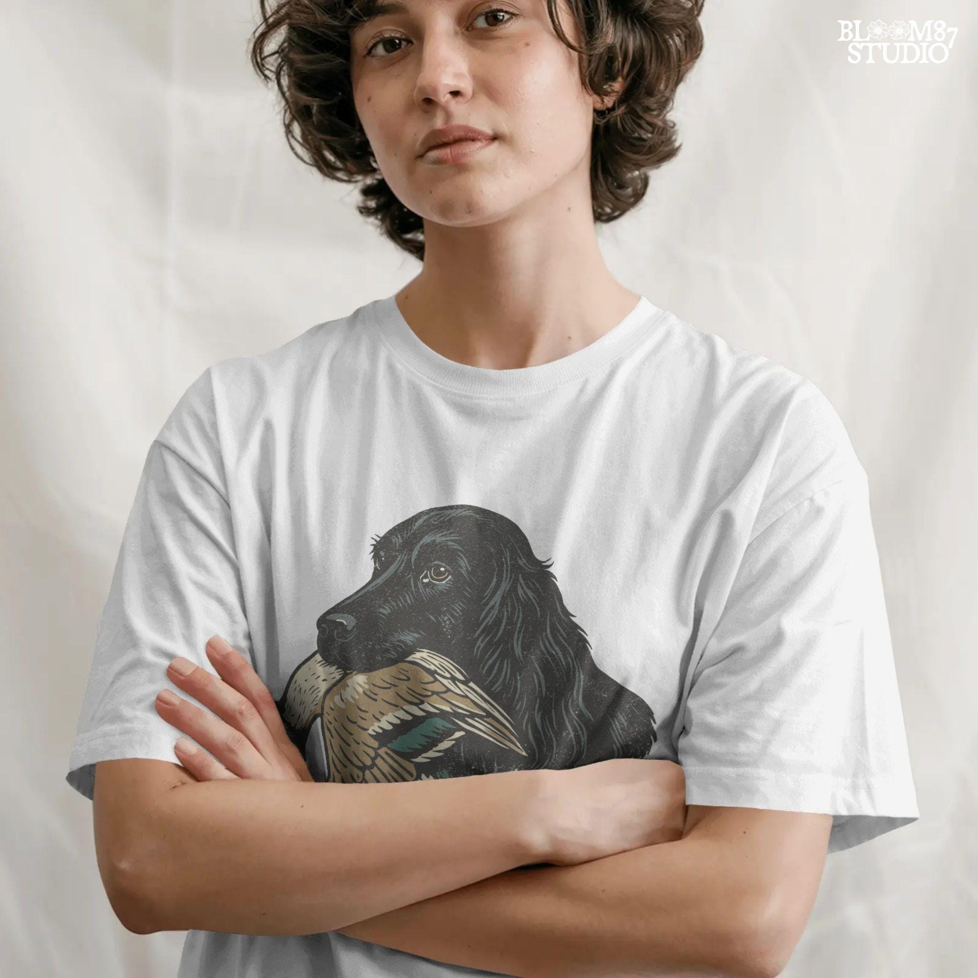 Hunting dog with duck in mouth, black retriever hunting illustration for outdoorsmen and fall hunting season designs