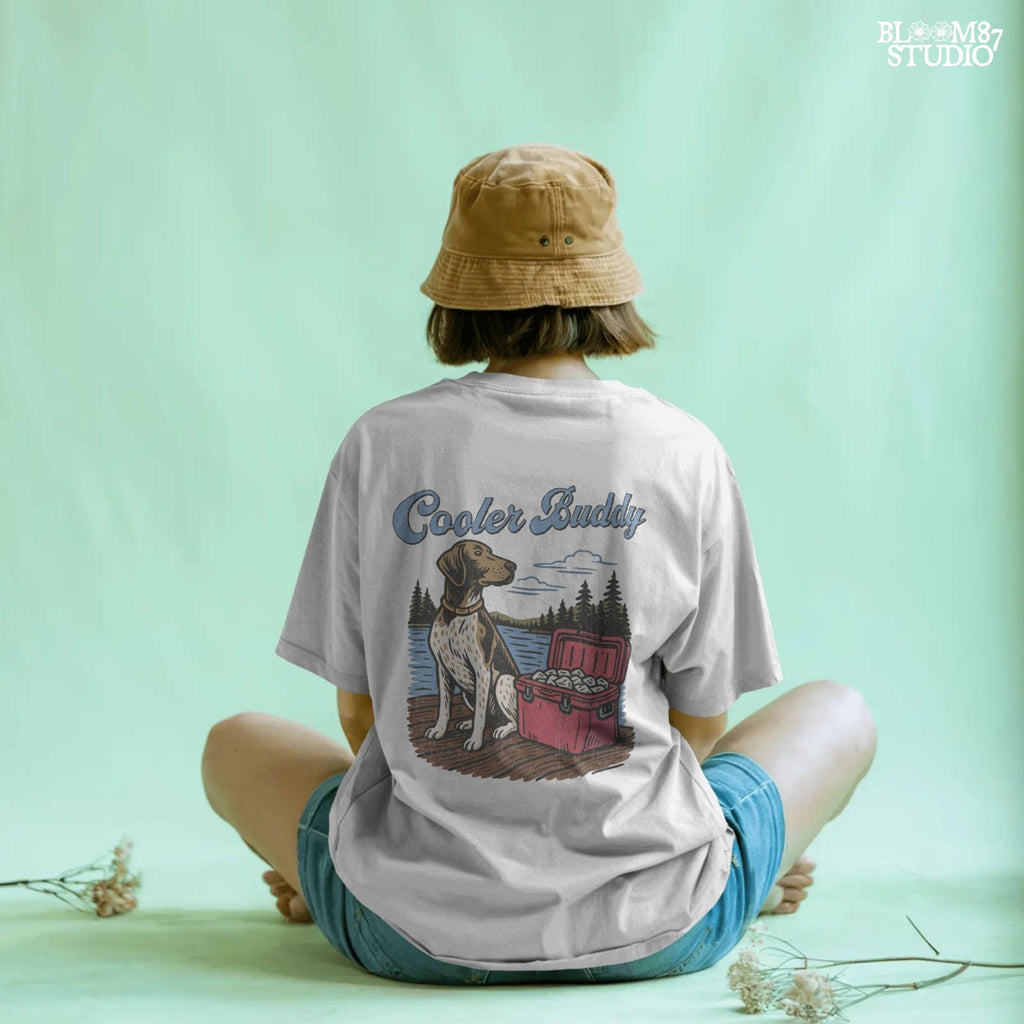 German Shorthaired Pointer dog sitting on dock next to cooler full of ice at lake, perfect summer outdoors dog PNG