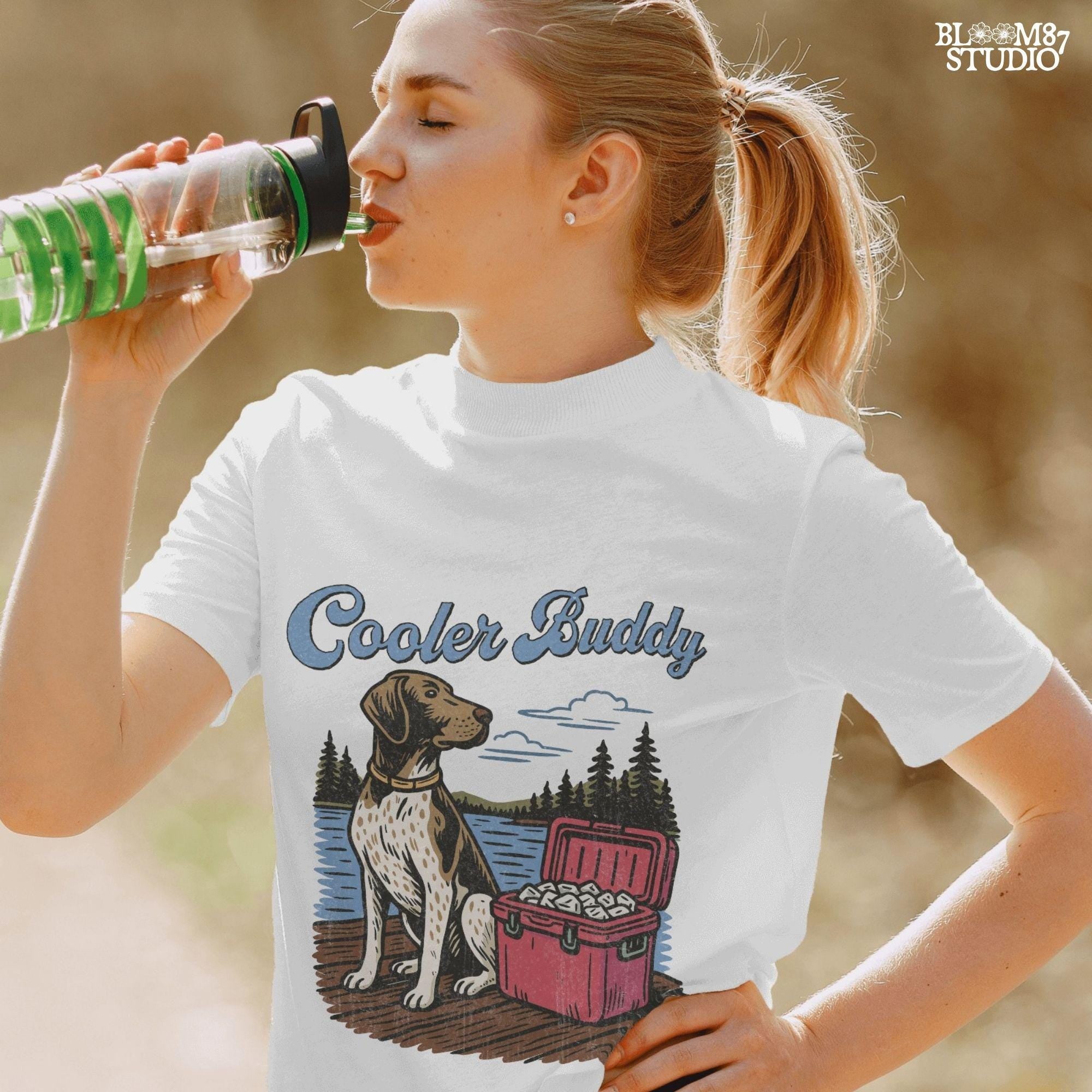 German Shorthaired Pointer dog sitting on dock next to cooler full of ice at lake, perfect summer outdoors dog PNG