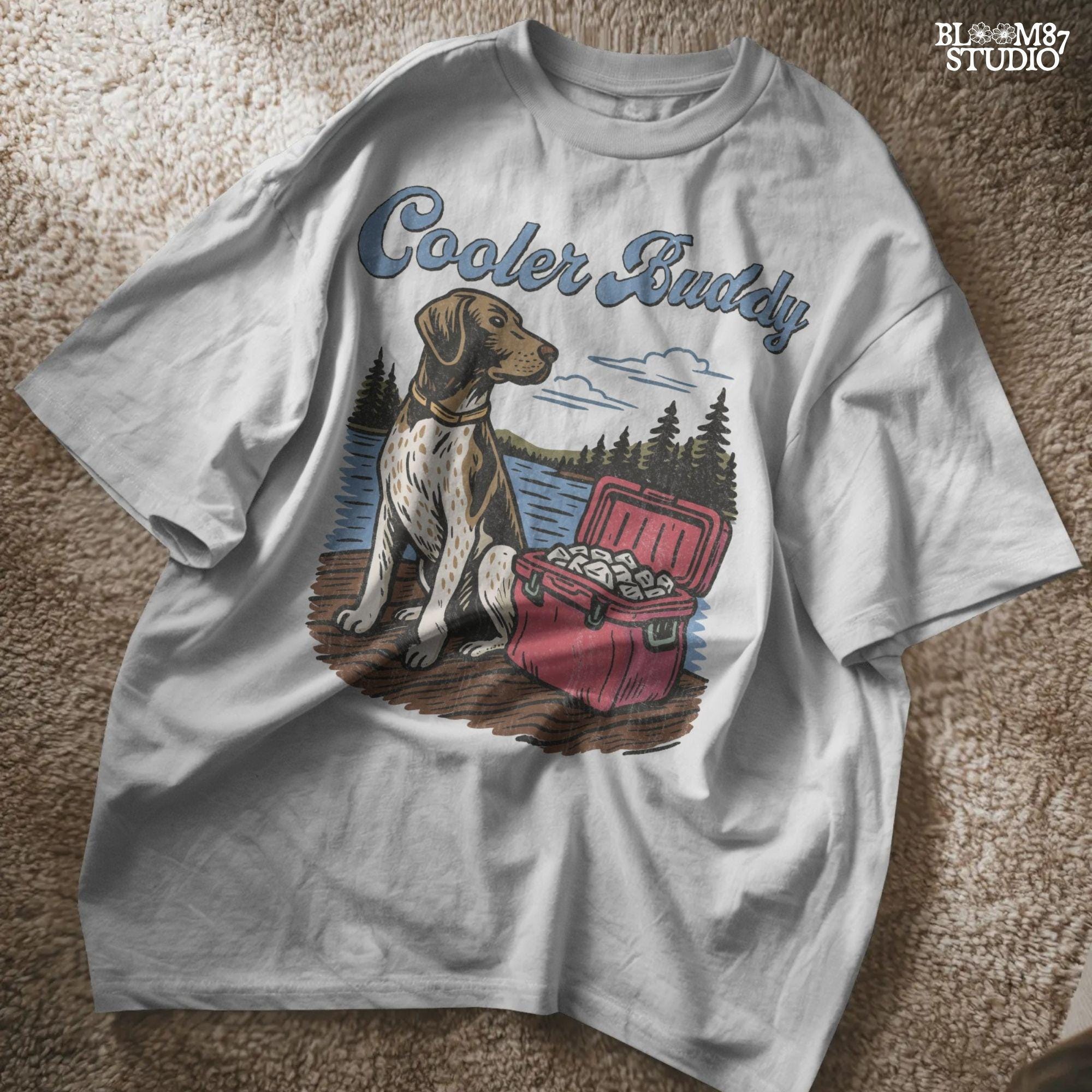 German Shorthaired Pointer dog sitting on dock next to cooler full of ice at lake, perfect summer outdoors dog PNG