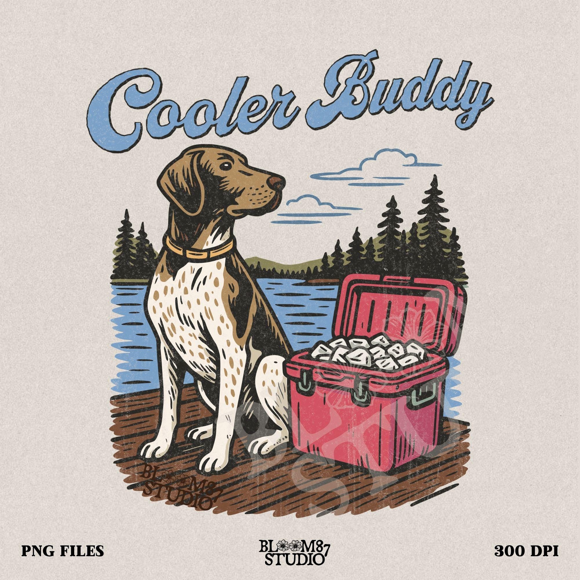 German Shorthaired Pointer dog sitting on dock next to cooler full of ice at lake, perfect summer outdoors dog PNG