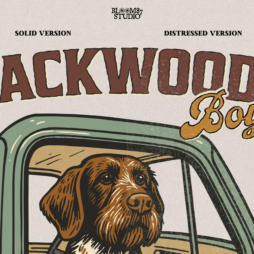 German Wirehaired Pointer hunting dog in rustic truck window with text “Backwoods Boy” and phrase “Loyal Dogs. Dirty Trucks.”