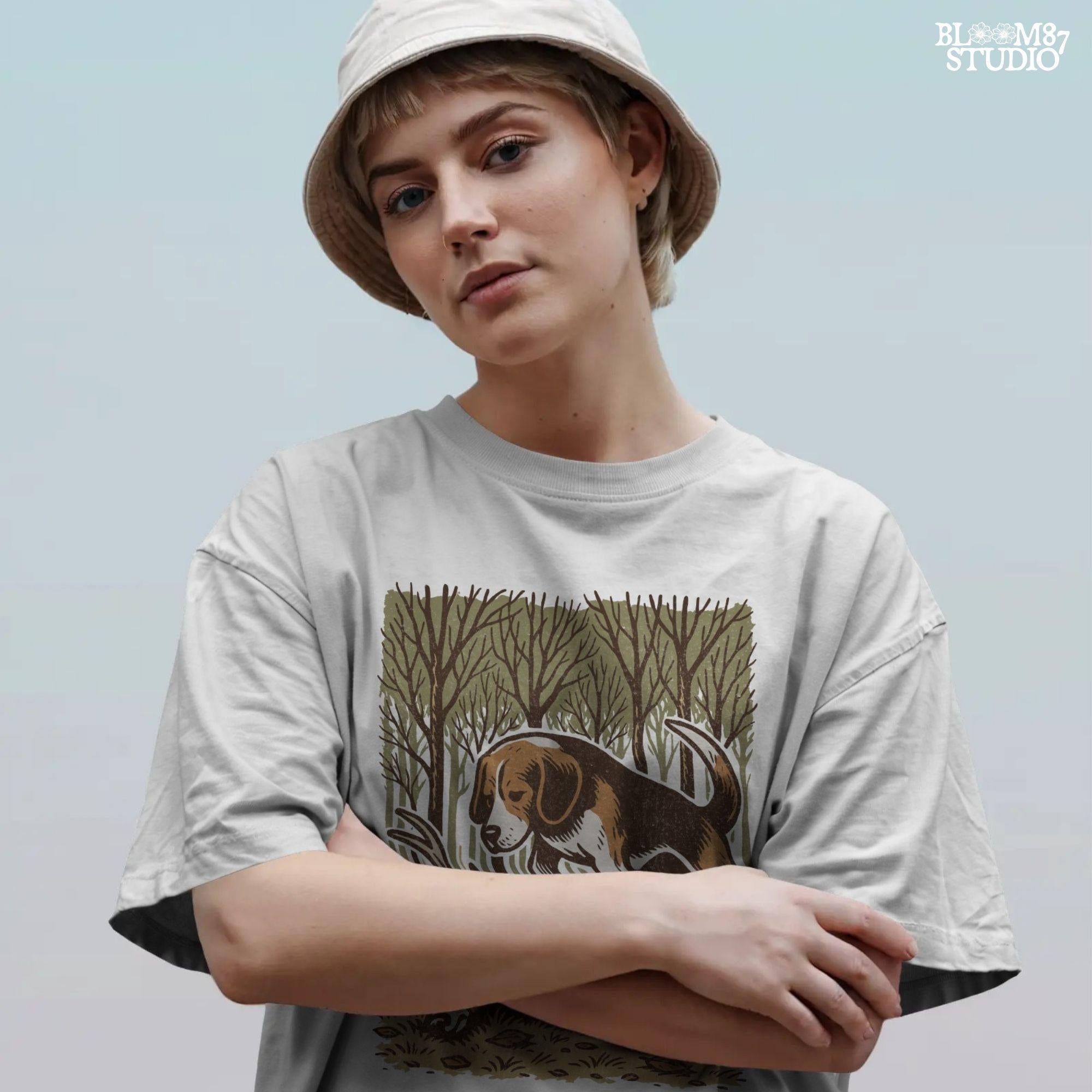 Beagle hunting dog standing over a fallen deer in an autumn forest, rustic clipart perfect for hunting-themed designs and outdoors projects.