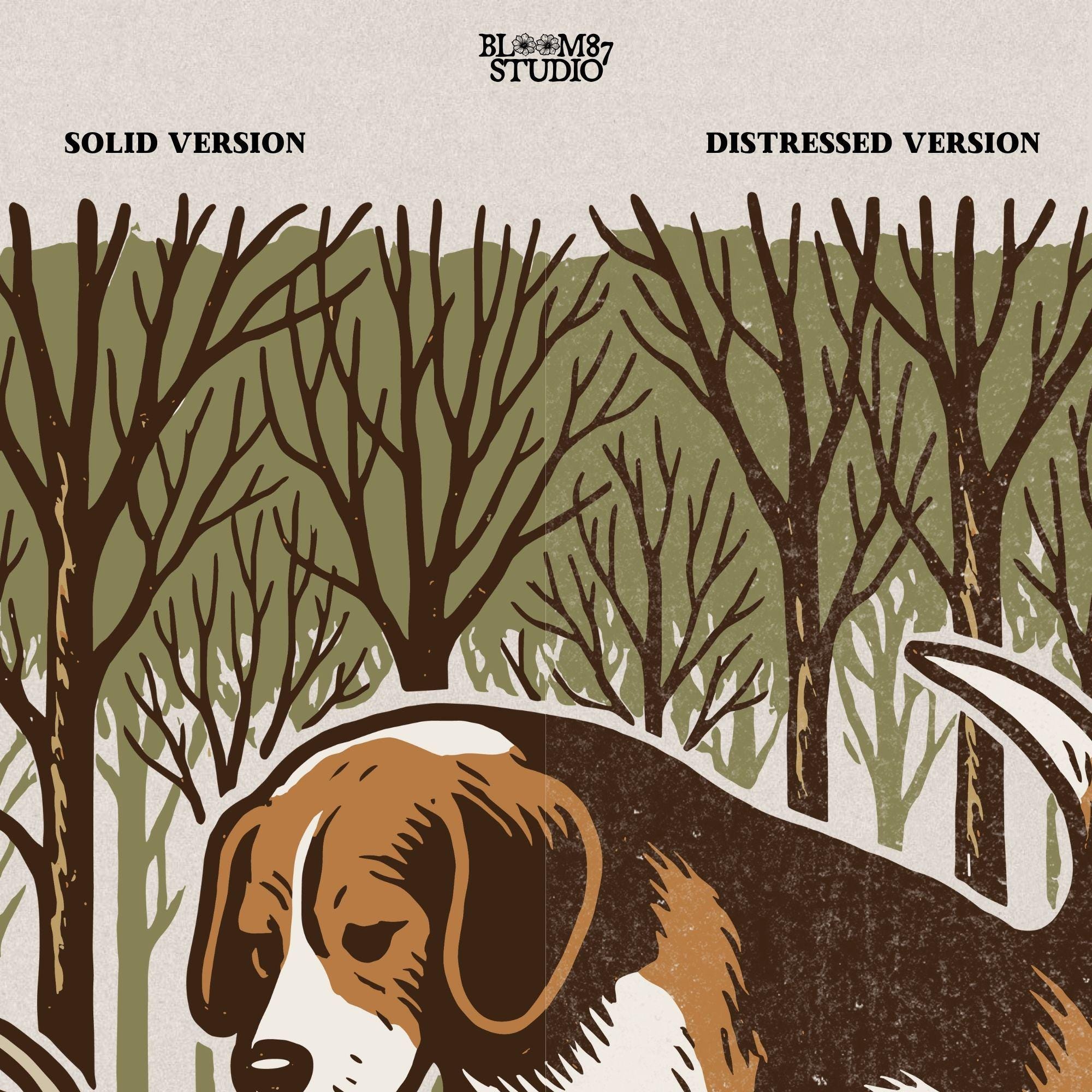 Beagle hunting dog standing over a fallen deer in an autumn forest, rustic clipart perfect for hunting-themed designs and outdoors projects.