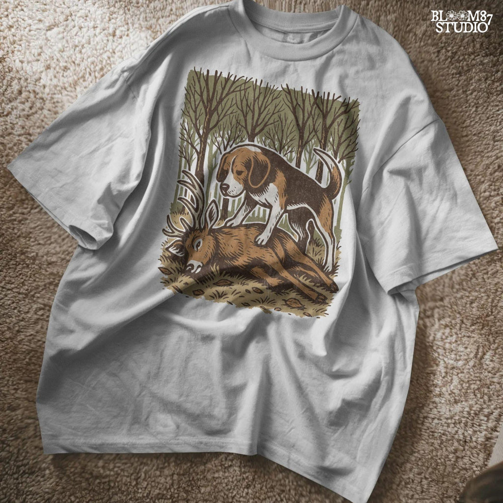 Beagle hunting dog standing over a fallen deer in an autumn forest, rustic clipart perfect for hunting-themed designs and outdoors projects.