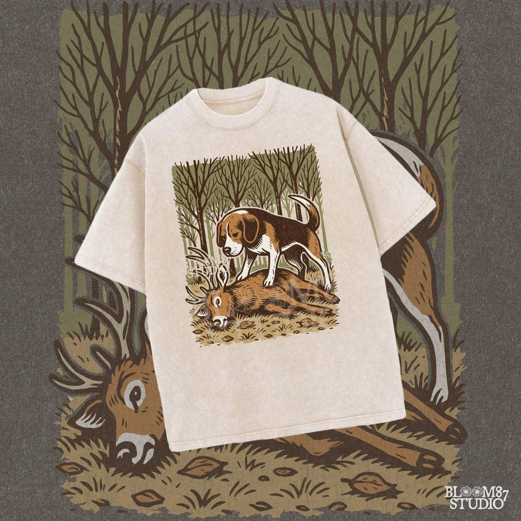 Beagle hunting dog standing over a fallen deer in an autumn forest, rustic clipart perfect for hunting-themed designs and outdoors projects.