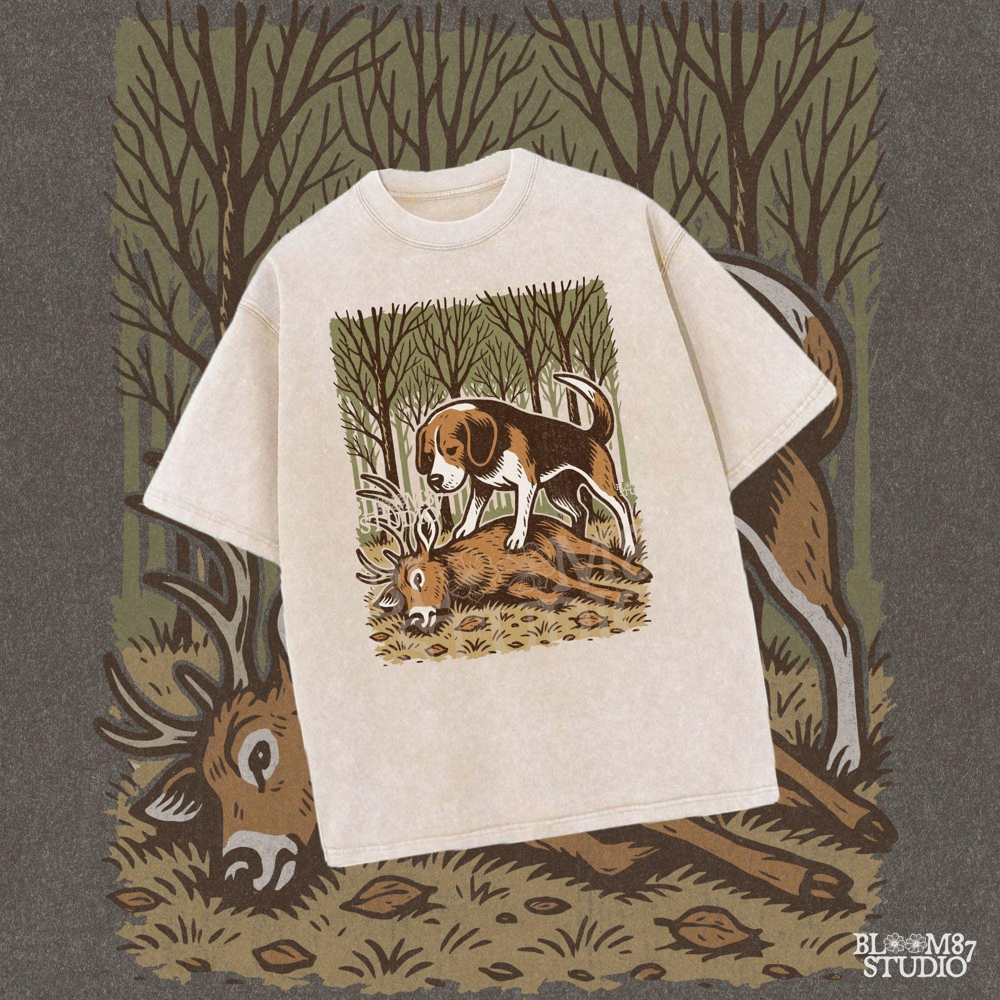 Beagle hunting dog standing over a fallen deer in an autumn forest, rustic clipart perfect for hunting-themed designs and outdoors projects.