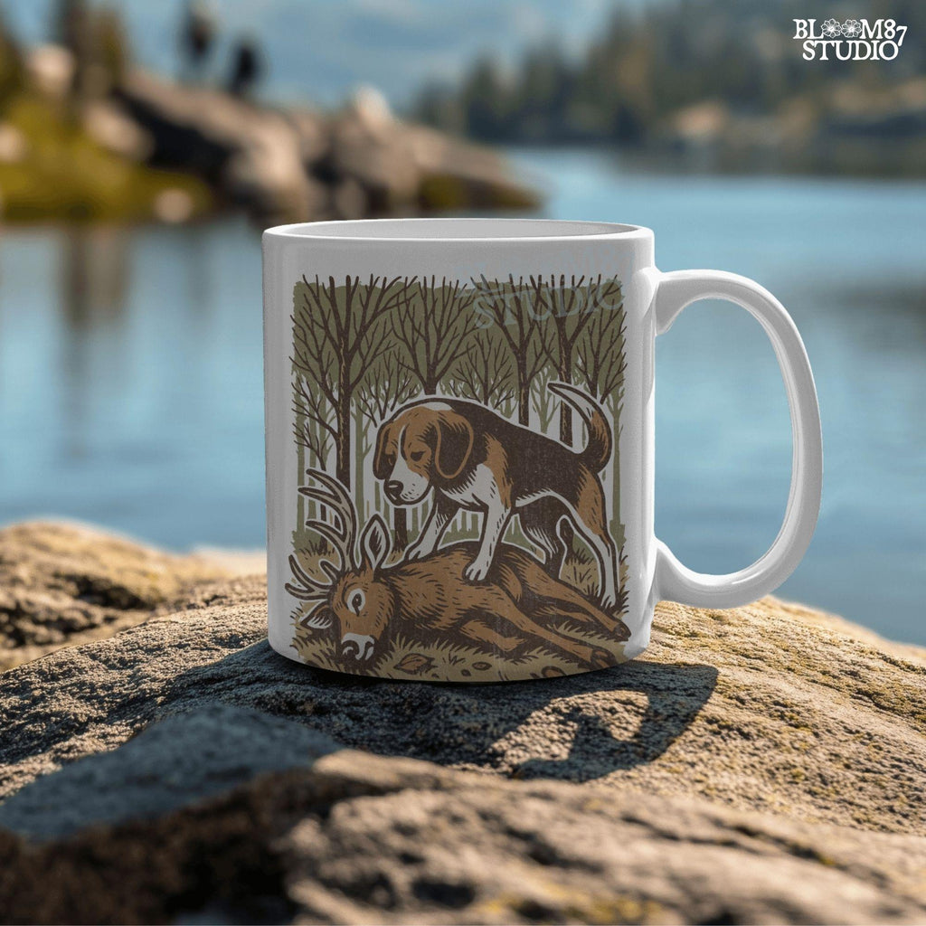 Beagle hunting dog standing over a fallen deer in an autumn forest, rustic clipart perfect for hunting-themed designs and outdoors projects.