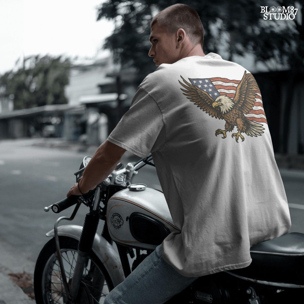 Fierce bald eagle flying with wings spread wide in front of a waving American flag, illustrated in vintage patriotic style.
