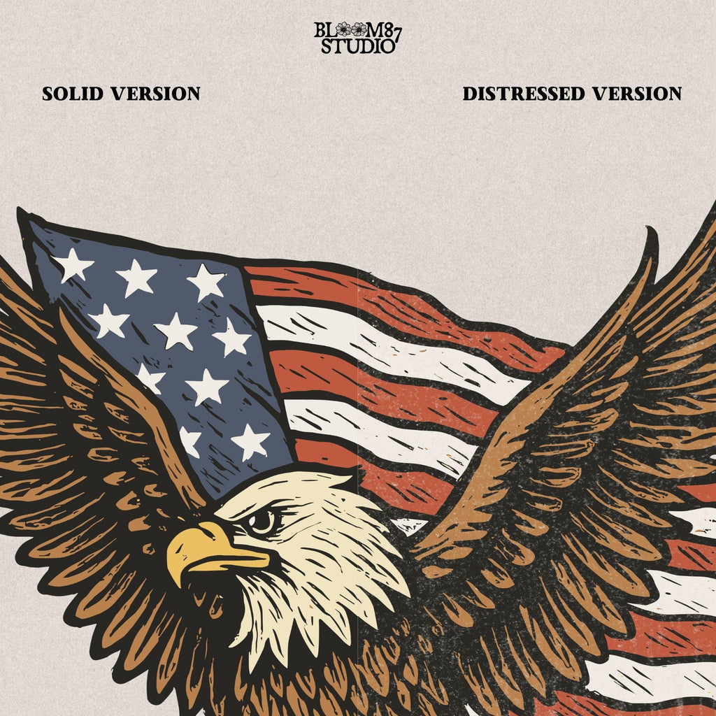 Fierce bald eagle flying with wings spread wide in front of a waving American flag, illustrated in vintage patriotic style.