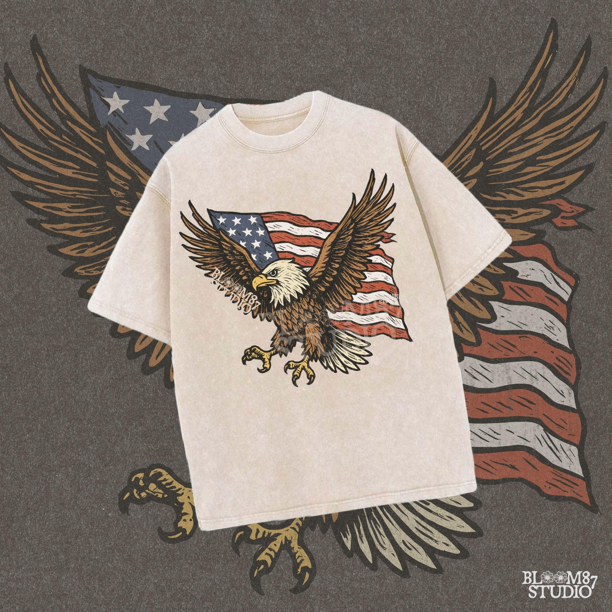 Fierce bald eagle flying with wings spread wide in front of a waving American flag, illustrated in vintage patriotic style.