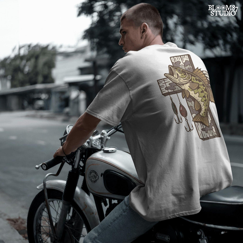 Illustrated trout leaping from the river surrounded by reeds and pine trees, perfect for summer fishing and outdoor adventure designs.