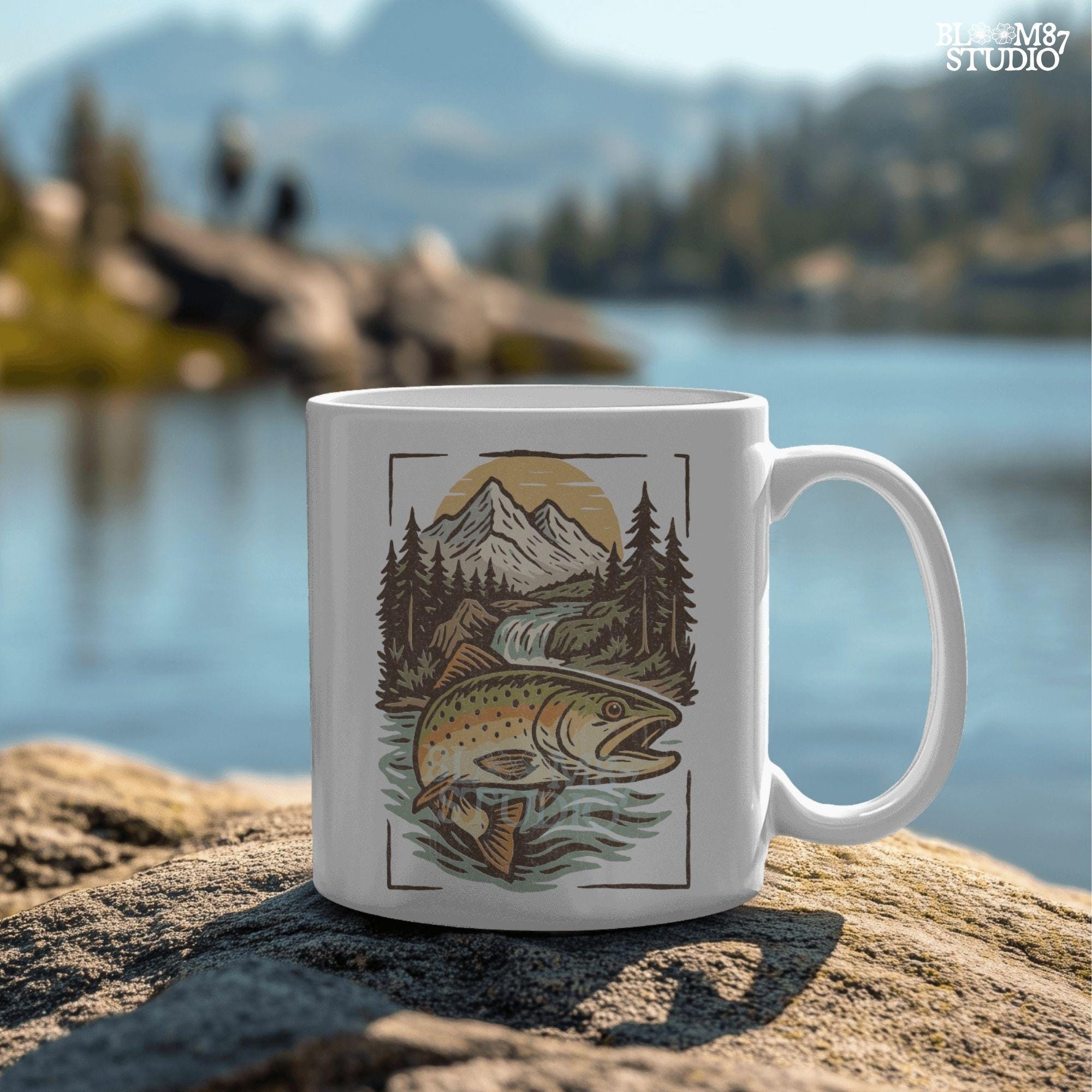 Colorful trout leaping in front of a scenic mountain river with pine trees and a waterfall at sunset, perfect for summer fishing designs.